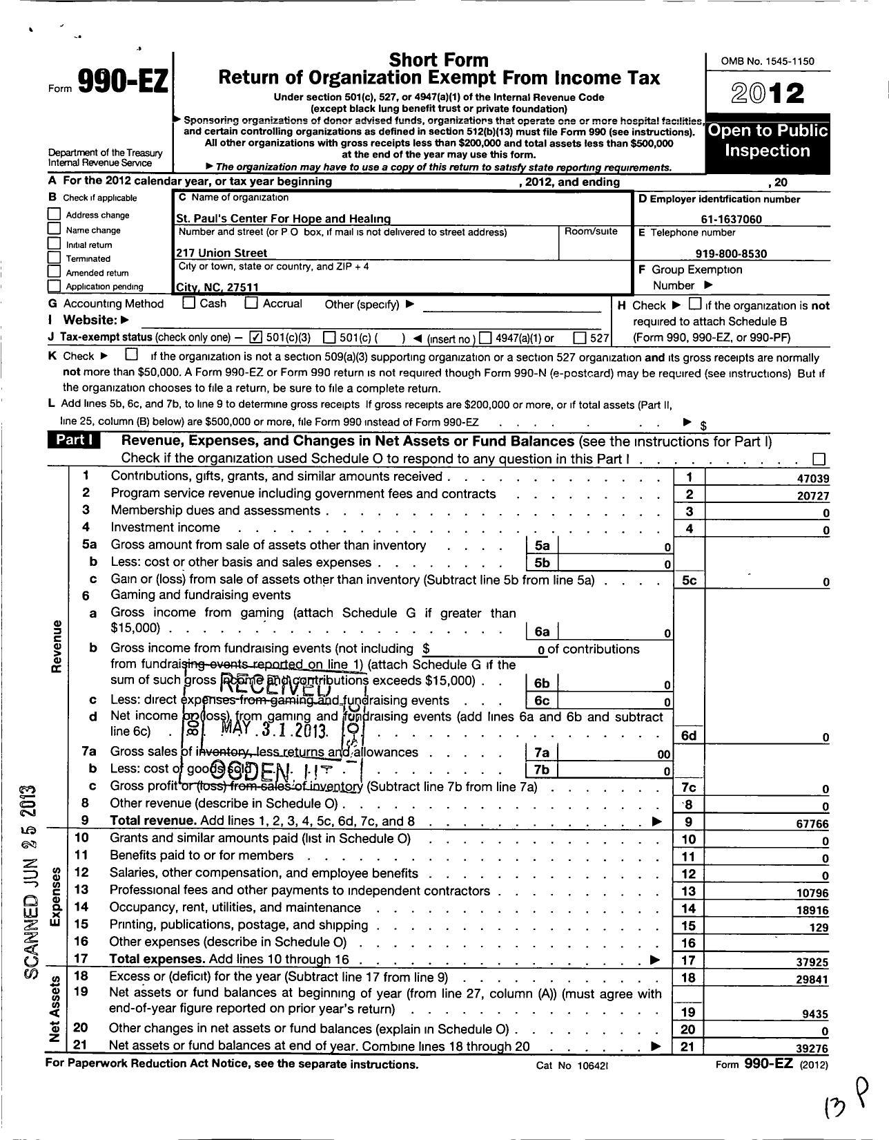 Image of first page of 2012 Form 990EZ for St Pauls Center for Hope and Healing