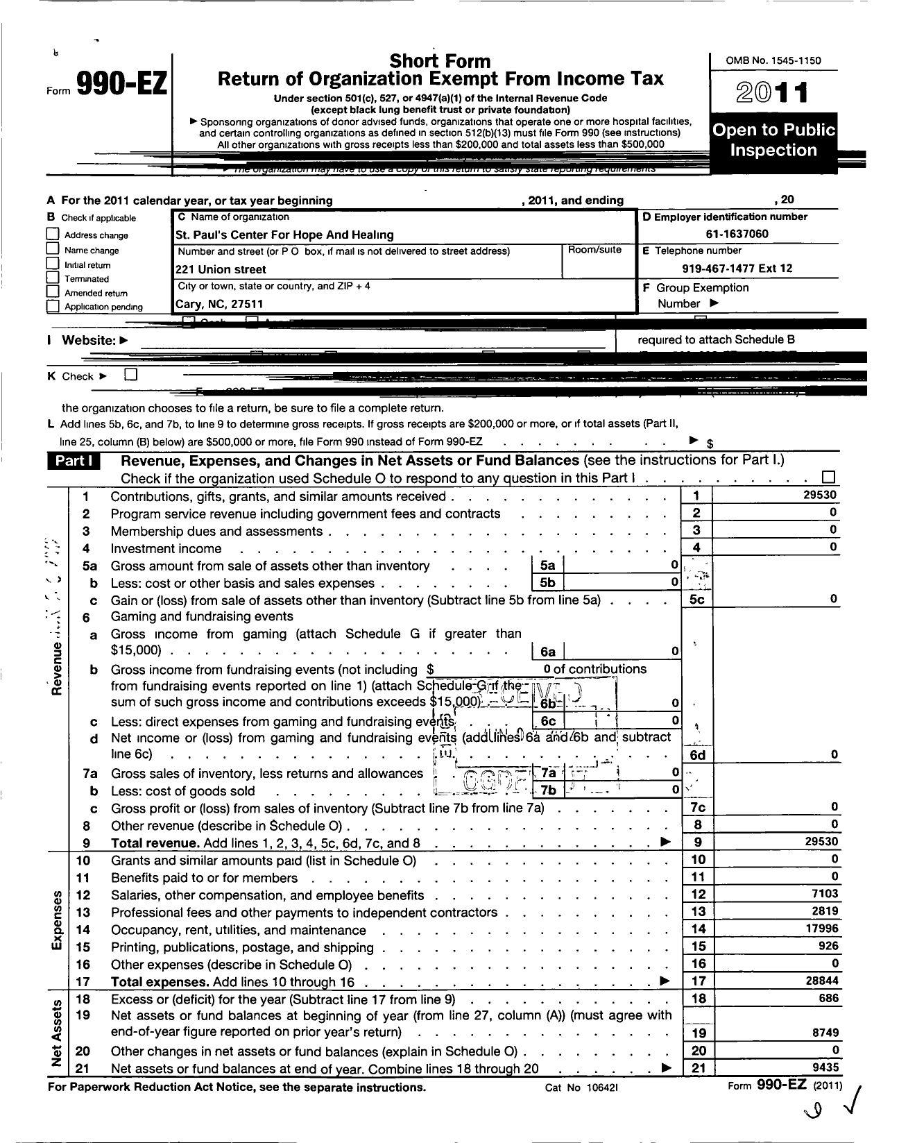 Image of first page of 2011 Form 990EO for St Pauls Center for Hope and Healing