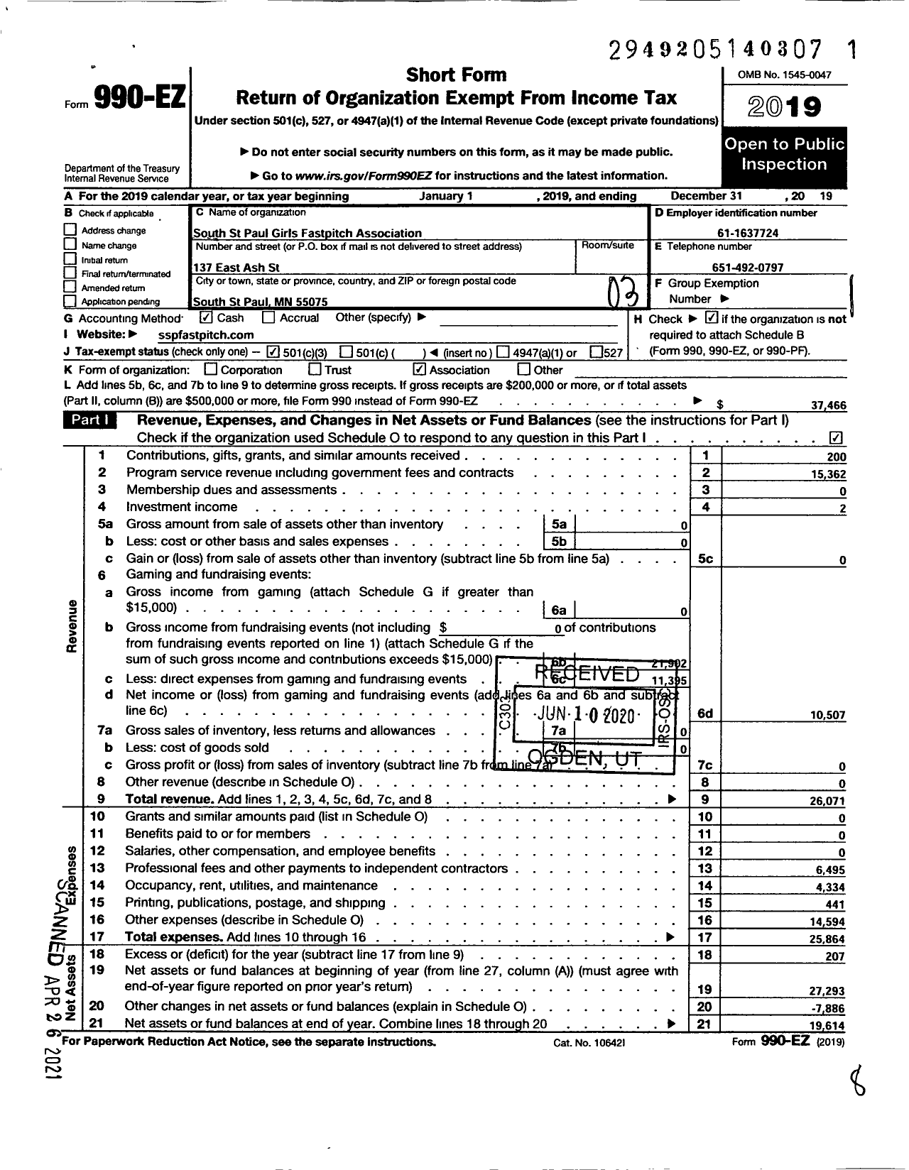 Image of first page of 2019 Form 990EZ for South St Paul Girls Fastpitch Association