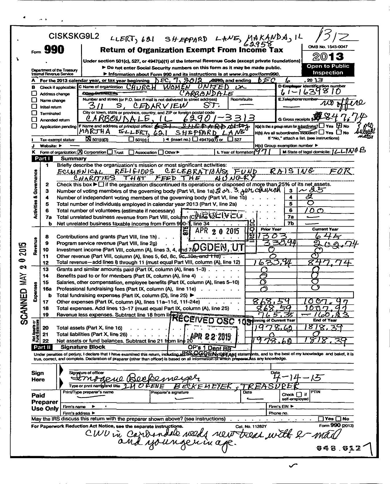 Image of first page of 2013 Form 990 for Church Women United / Carbondale