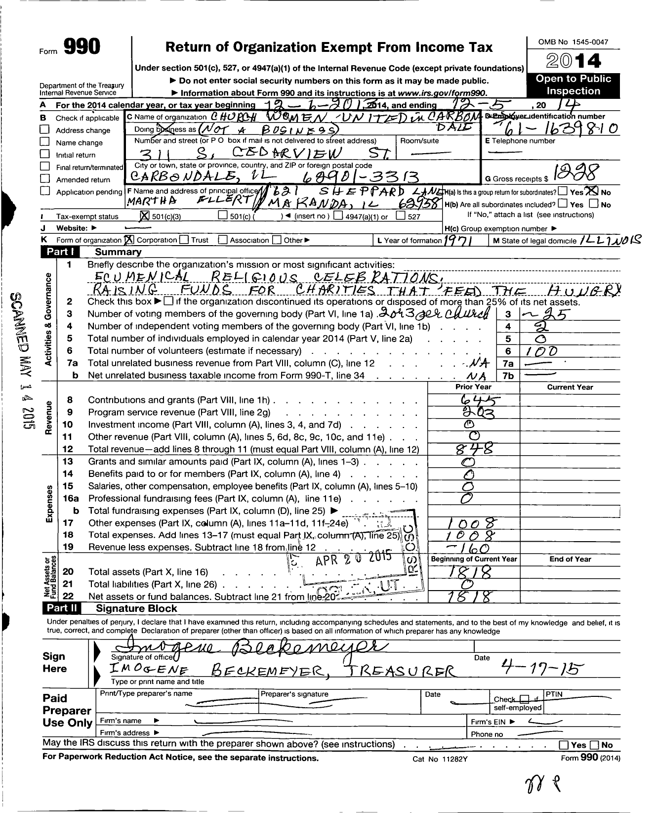 Image of first page of 2014 Form 990 for Church Women United / Carbondale