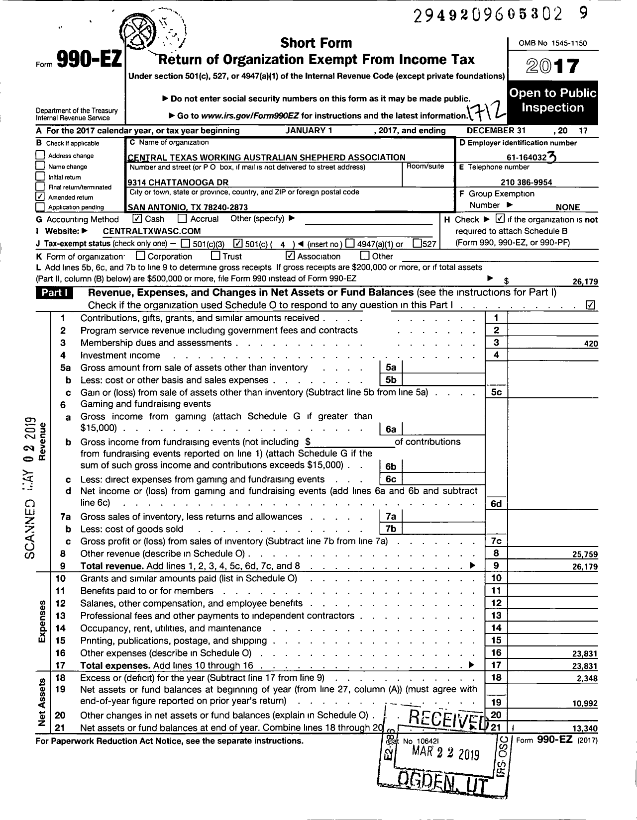 Image of first page of 2017 Form 990EO for Central Texas Working Australian Shepherd Association