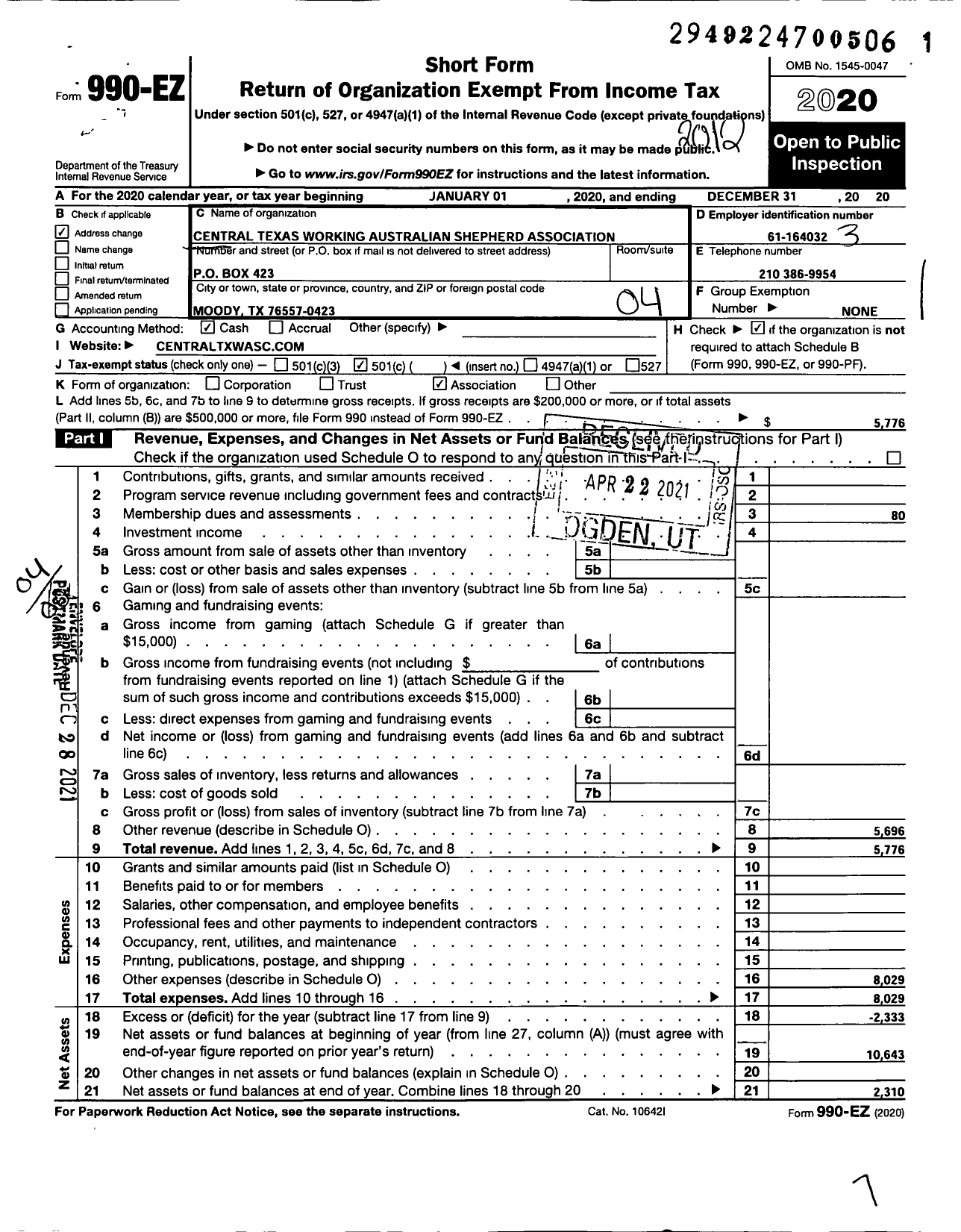 Image of first page of 2020 Form 990EO for Central Texas Working Australian Shepherd Association