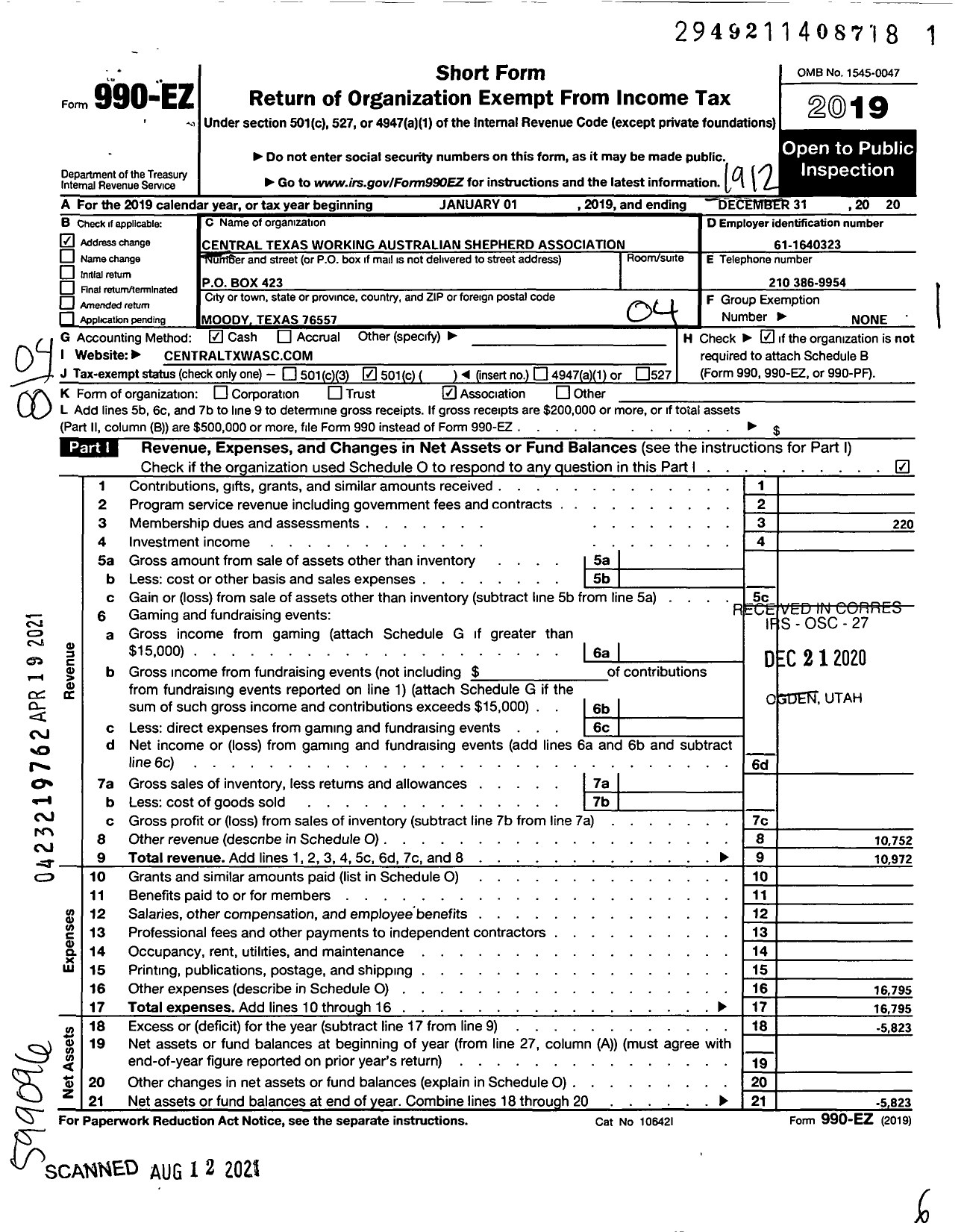 Image of first page of 2019 Form 990EO for Central Texas Working Australian Shepherd Association