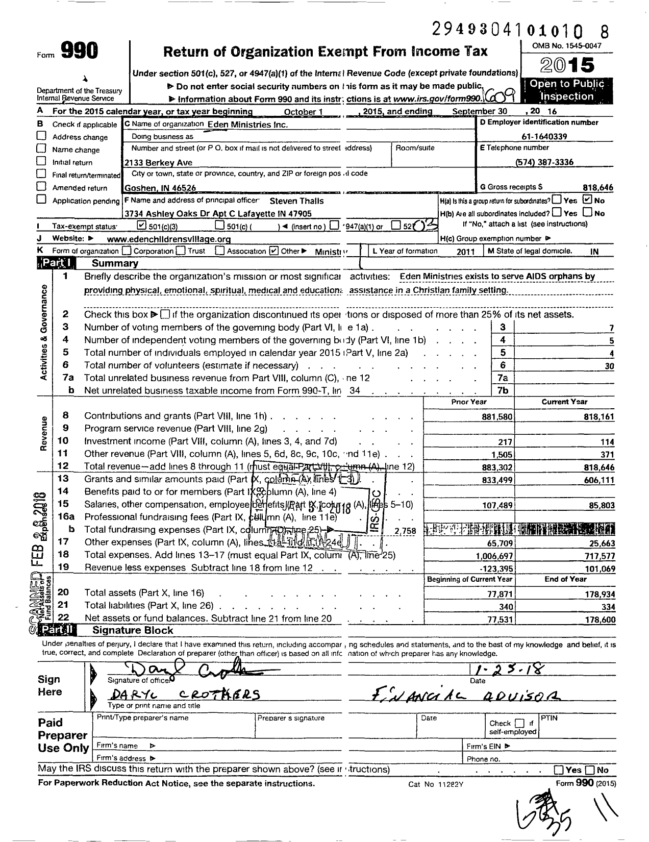 Image of first page of 2015 Form 990 for Eden Ministries