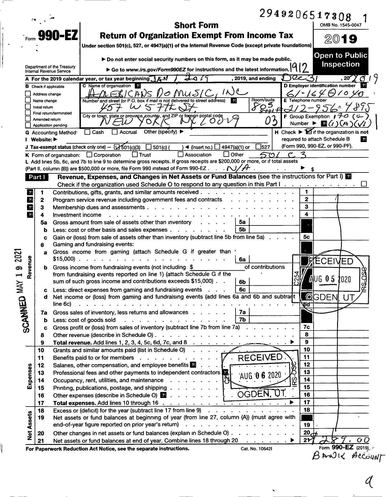 Image of first page of 2019 Form 990EZ for Americans Do Music