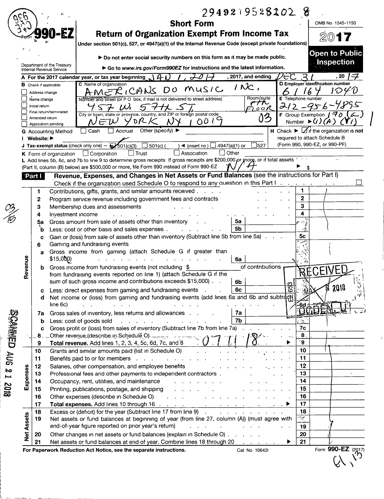 Image of first page of 2017 Form 990EZ for Americans Do Music