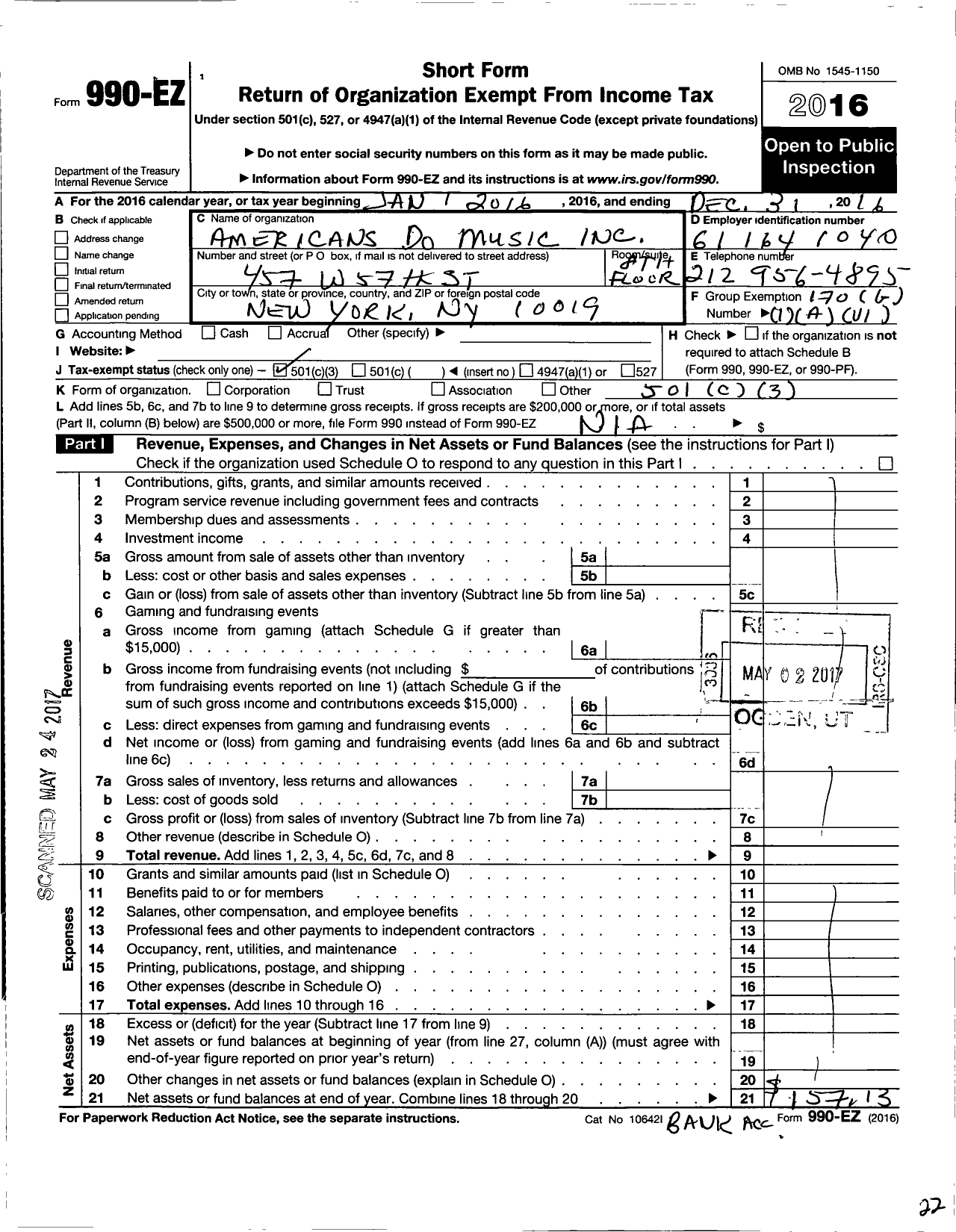 Image of first page of 2016 Form 990EZ for Americans Do Music