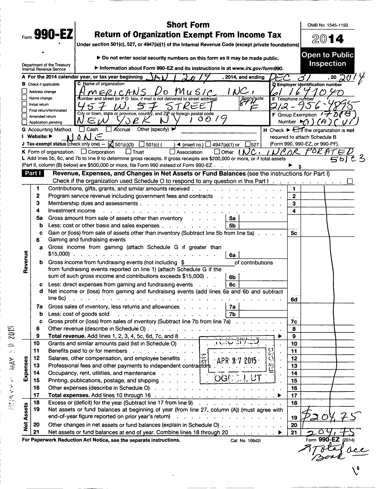 Image of first page of 2014 Form 990EZ for Americans Do Music