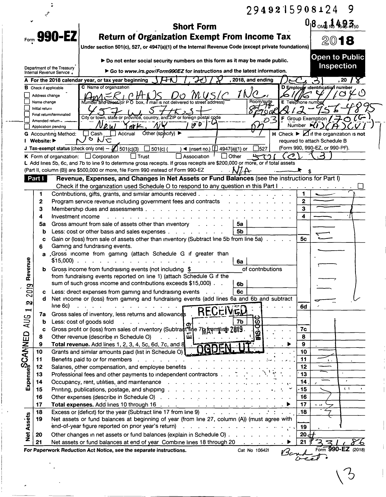 Image of first page of 2018 Form 990EZ for Americans Do Music