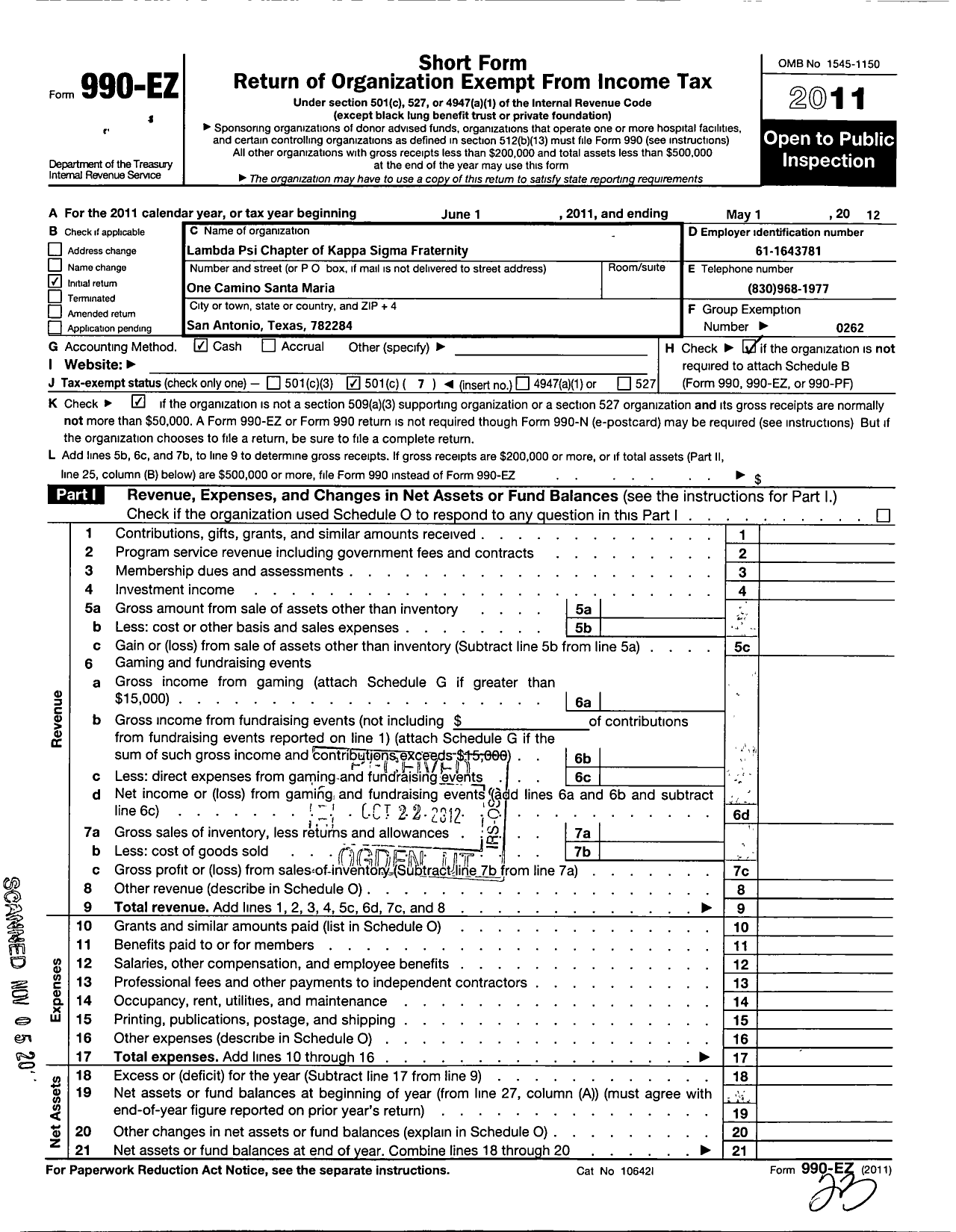 Image of first page of 2011 Form 990EO for Kappa Sigma Fraternity - Lambda Psi Chapter