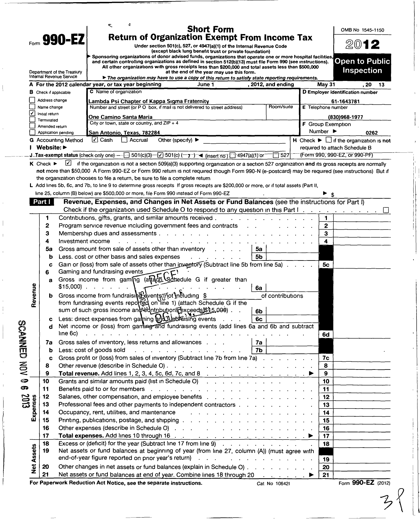 Image of first page of 2012 Form 990EO for Kappa Sigma Fraternity - Lambda Psi Chapter