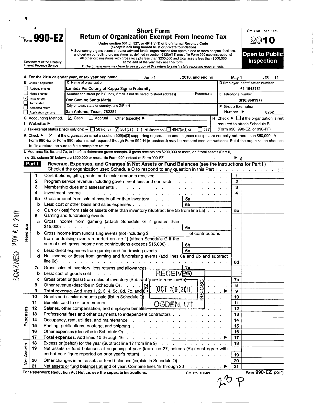 Image of first page of 2010 Form 990EO for Kappa Sigma Fraternity - Lambda Psi Chapter