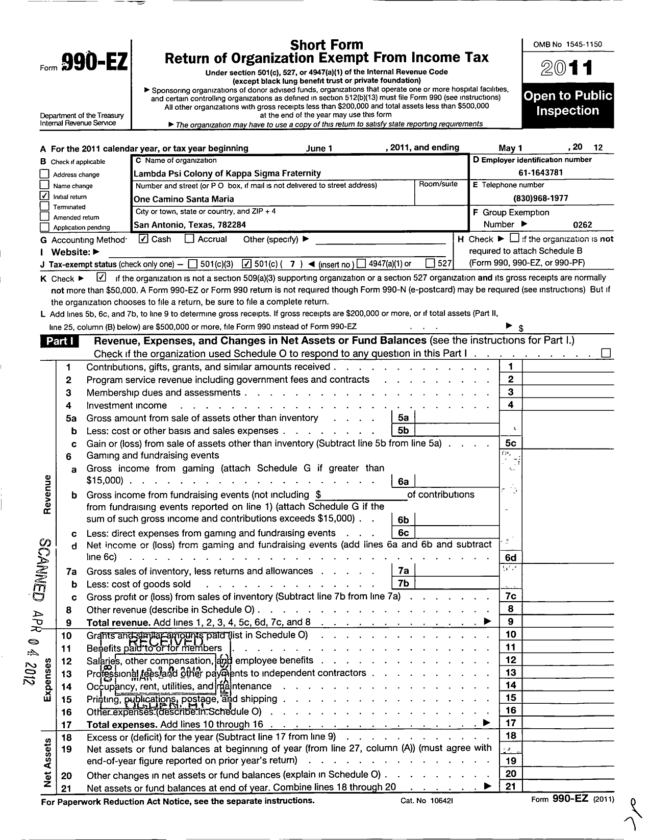 Image of first page of 2011 Form 990EO for Kappa Sigma Fraternity - Lambda Psi Chapter