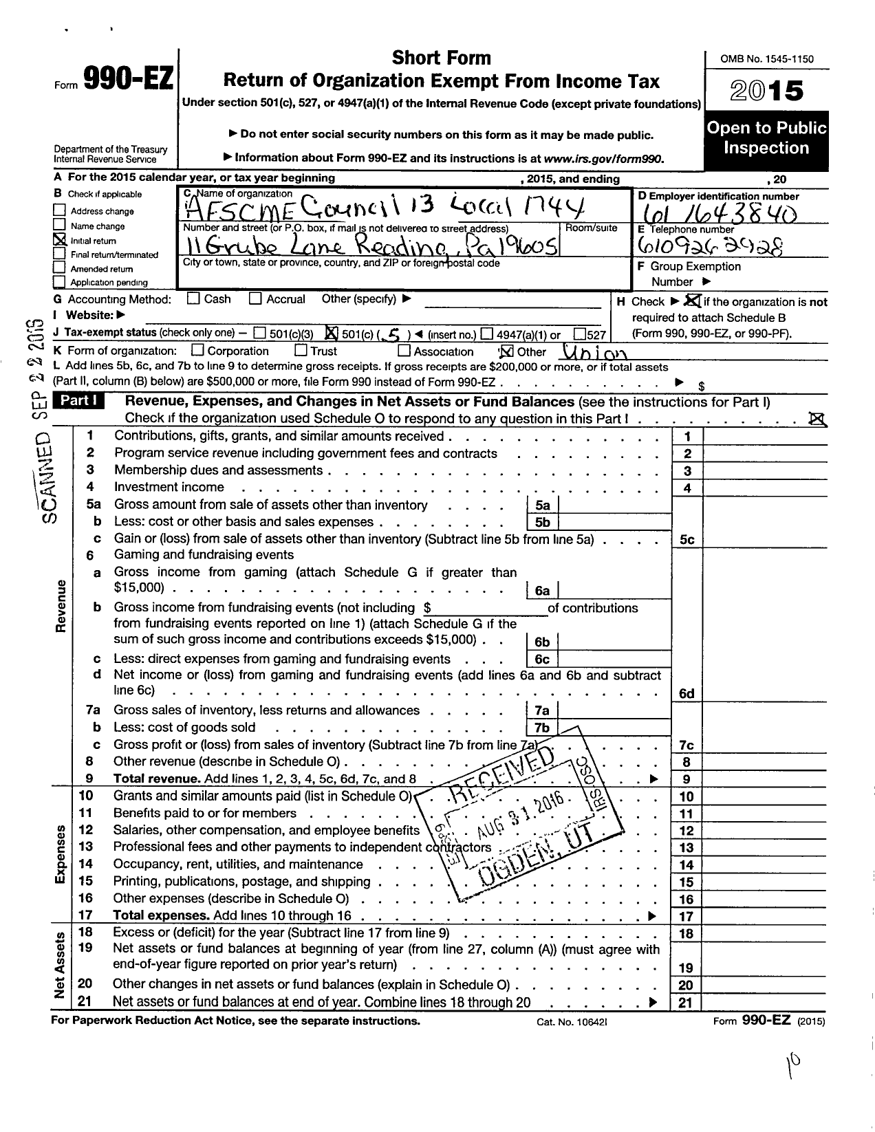 Image of first page of 2015 Form 990EO for American Federation of State County and Municipal Employees / L1744pa Schuylkill Valley SCHL Dis