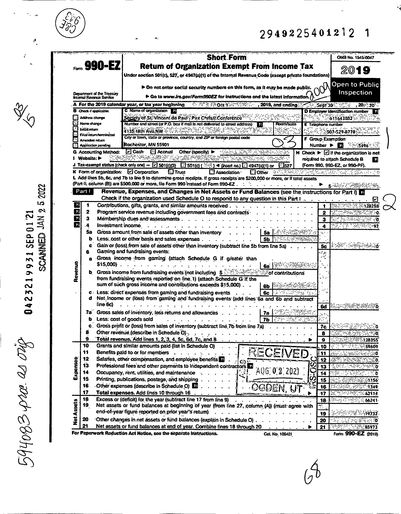 Image of first page of 2019 Form 990EZ for Society of St Vincent de Paul Pax Christi Conference