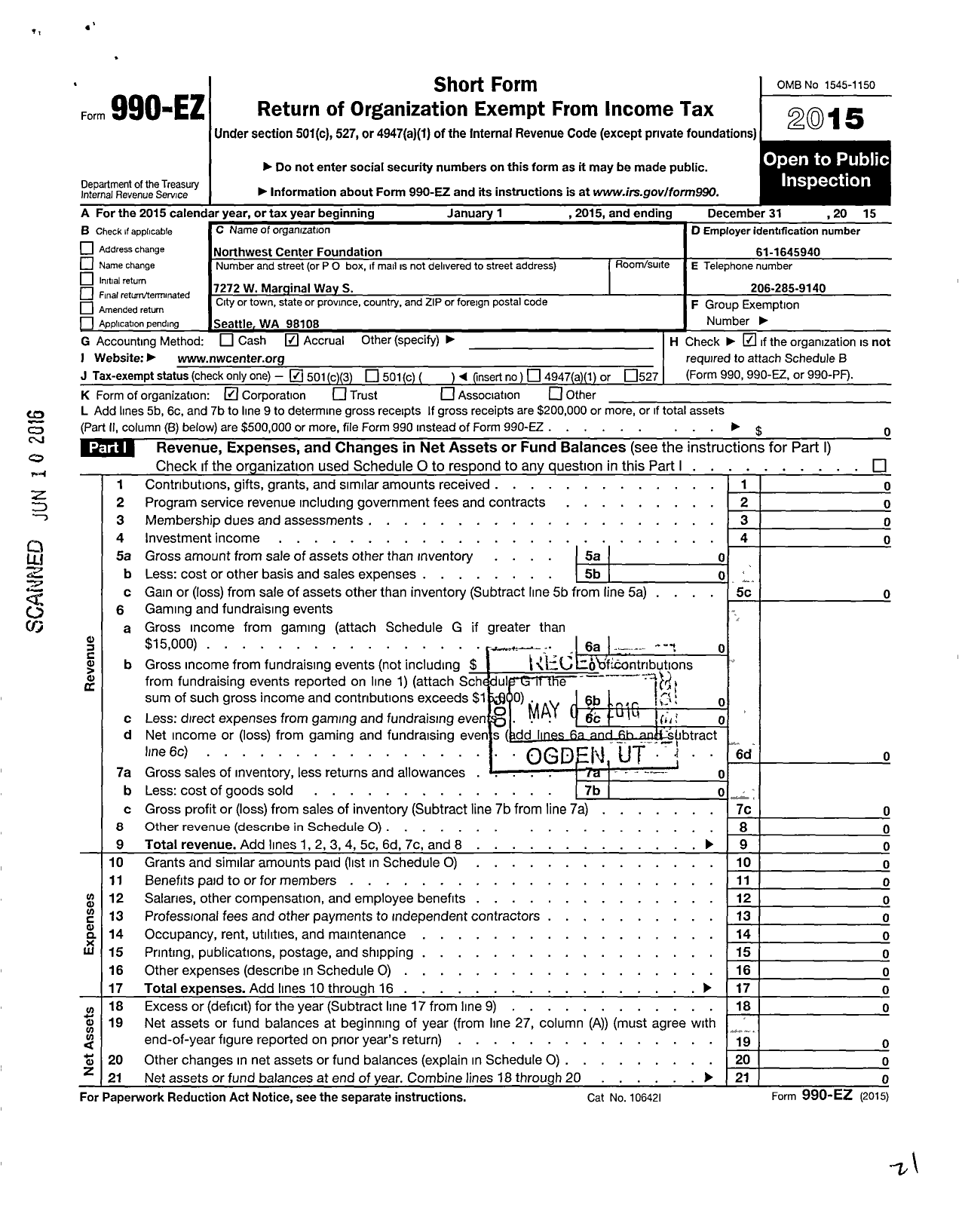 Image of first page of 2015 Form 990EZ for Northwest Center Foundation