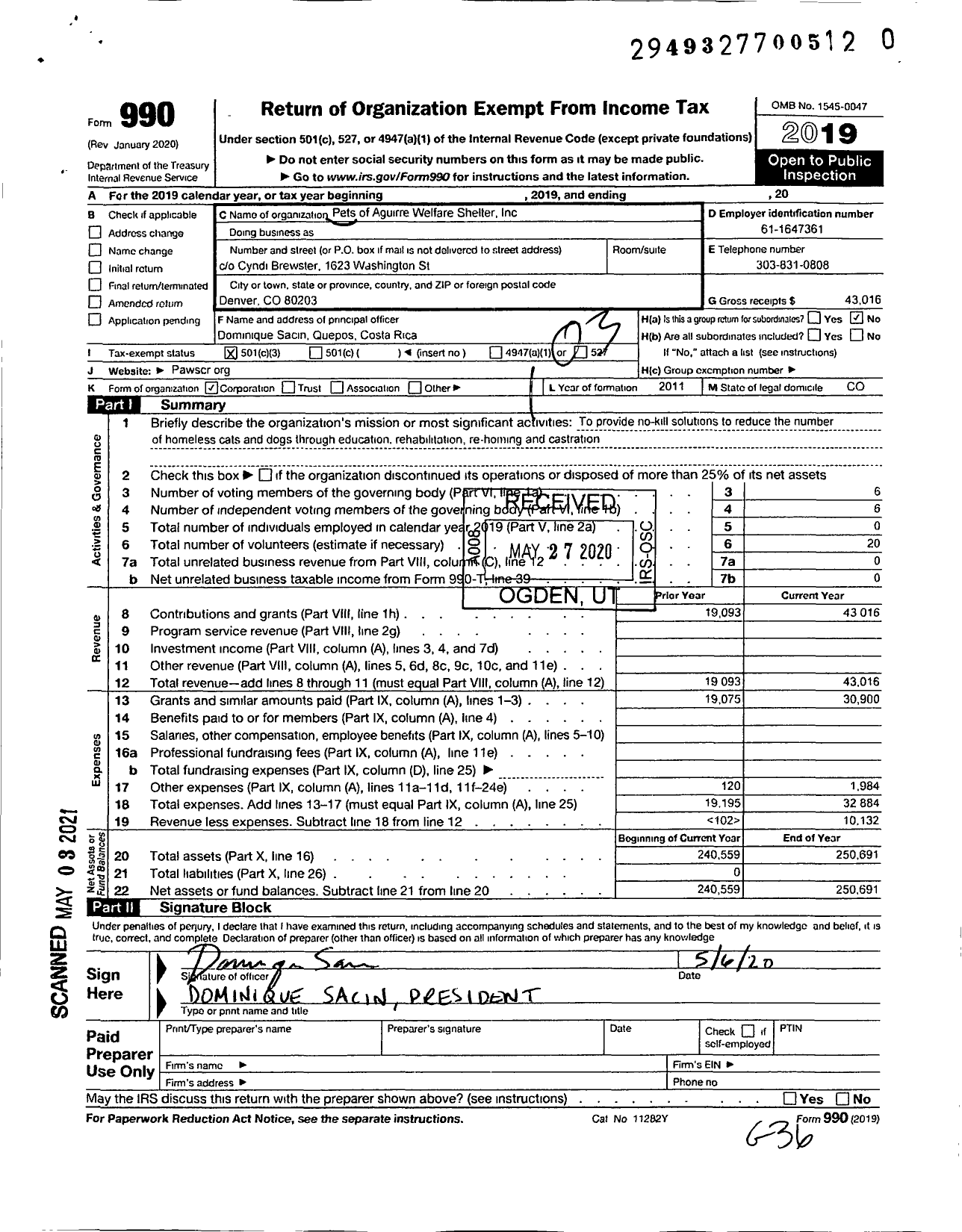 Image of first page of 2019 Form 990 for Pets of Aguirre Welfare Shelter