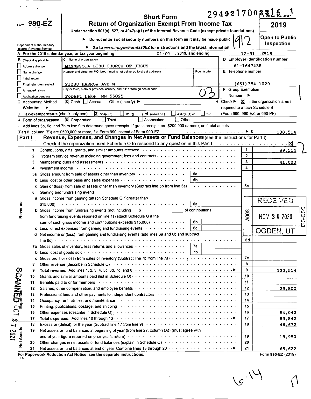 Image of first page of 2019 Form 990EZ for Minnesota Lisu Church of Jesus - 181661