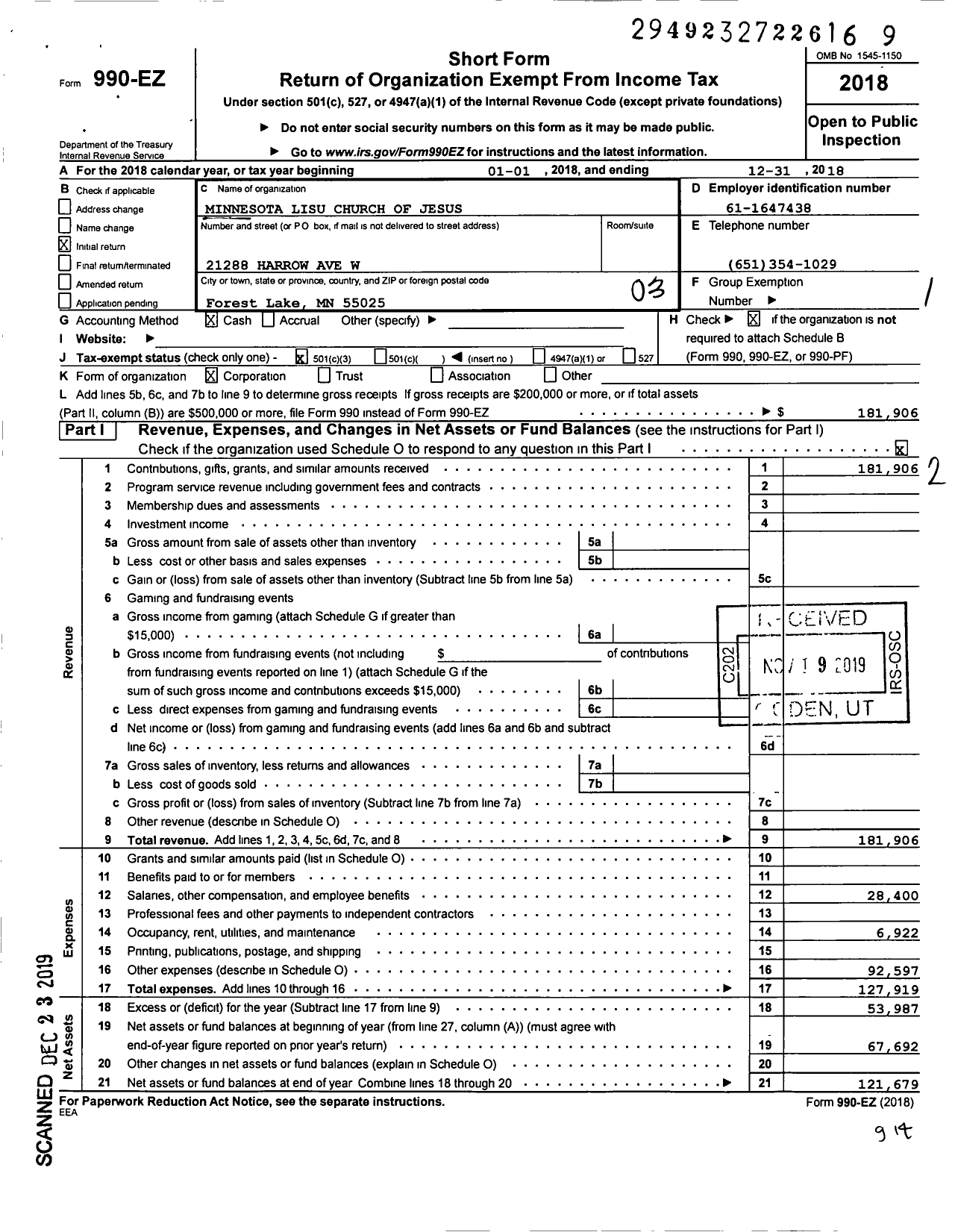 Image of first page of 2018 Form 990EZ for Minnesota Lisu Church of Jesus - 181661