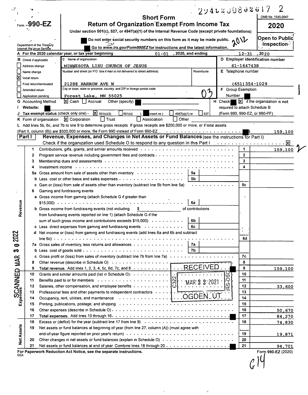 Image of first page of 2020 Form 990EZ for Minnesota Lisu Church of Jesus - 181661