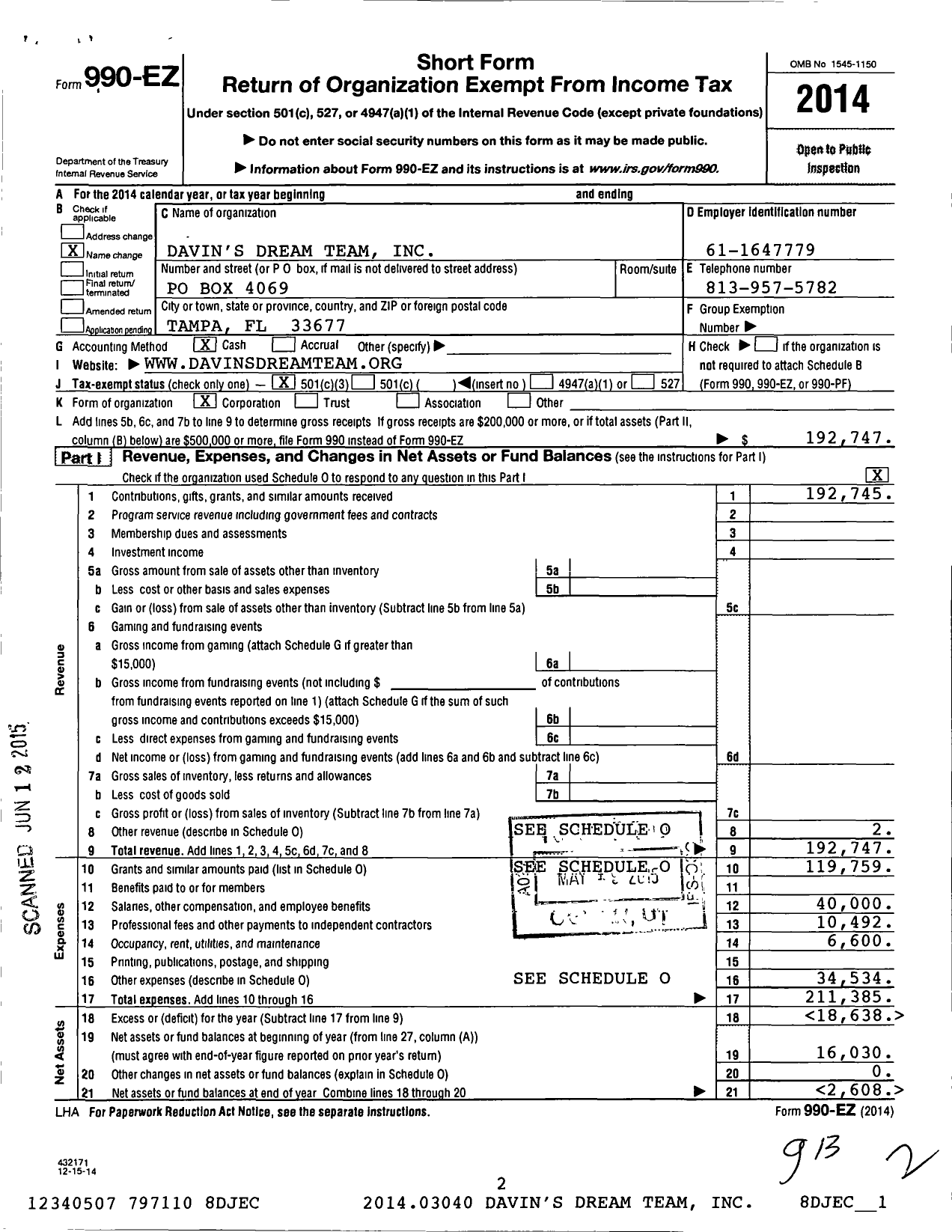 Image of first page of 2014 Form 990EZ for Davins Dream Team