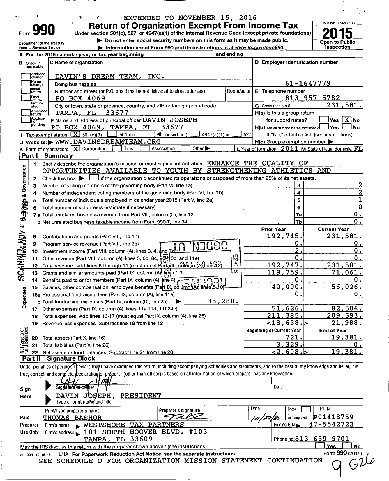 Image of first page of 2015 Form 990 for Davins Dream Team