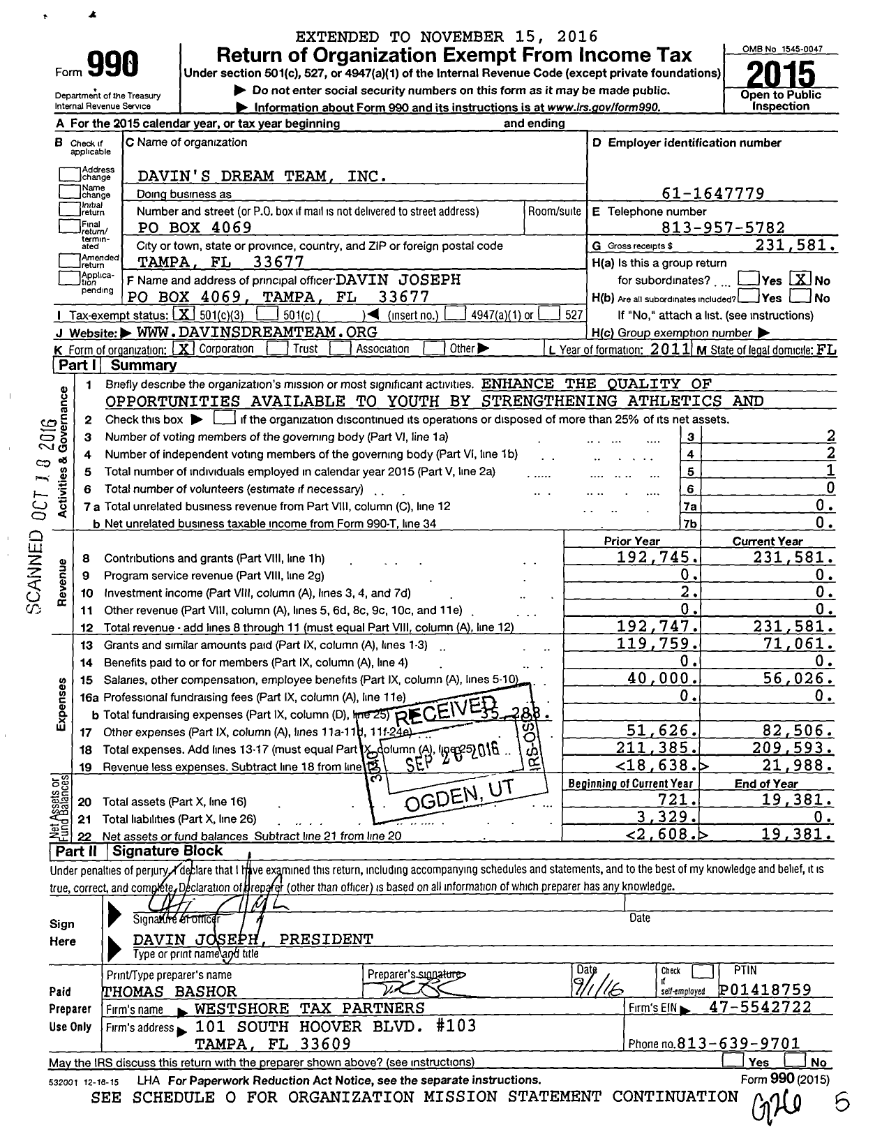 Image of first page of 2015 Form 990 for Davins Dream Team