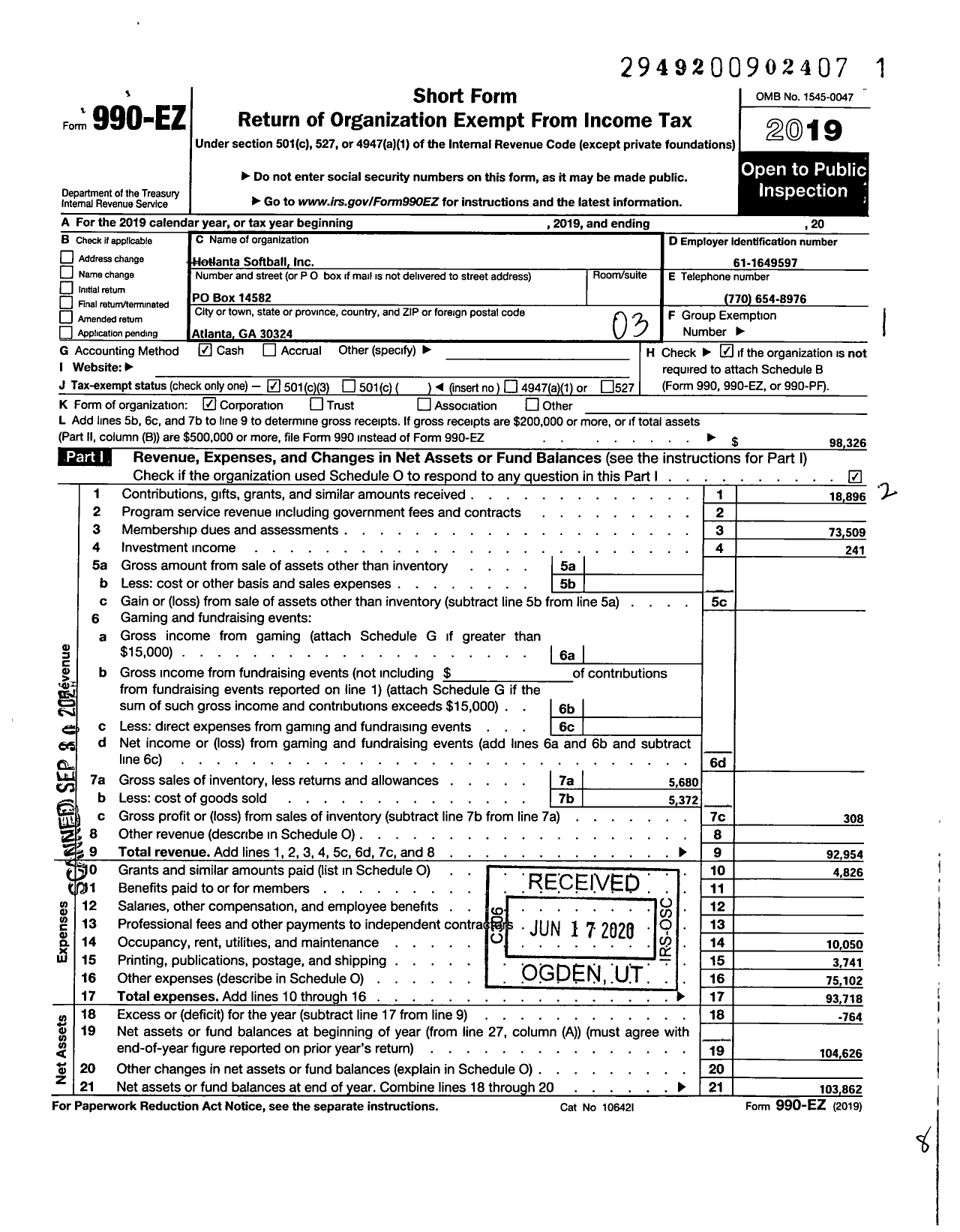 Image of first page of 2019 Form 990EZ for Hotlanta Softball Incorporated