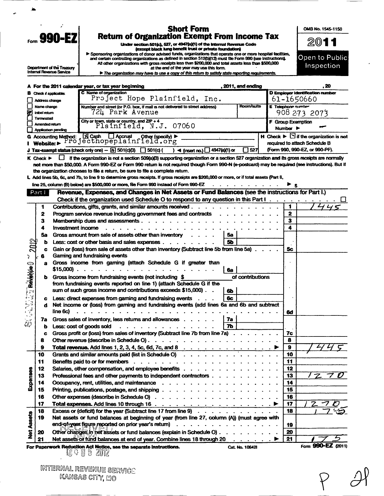 Image of first page of 2011 Form 990EZ for Project Hope Plainfield A NJ Nonprofit Corporation