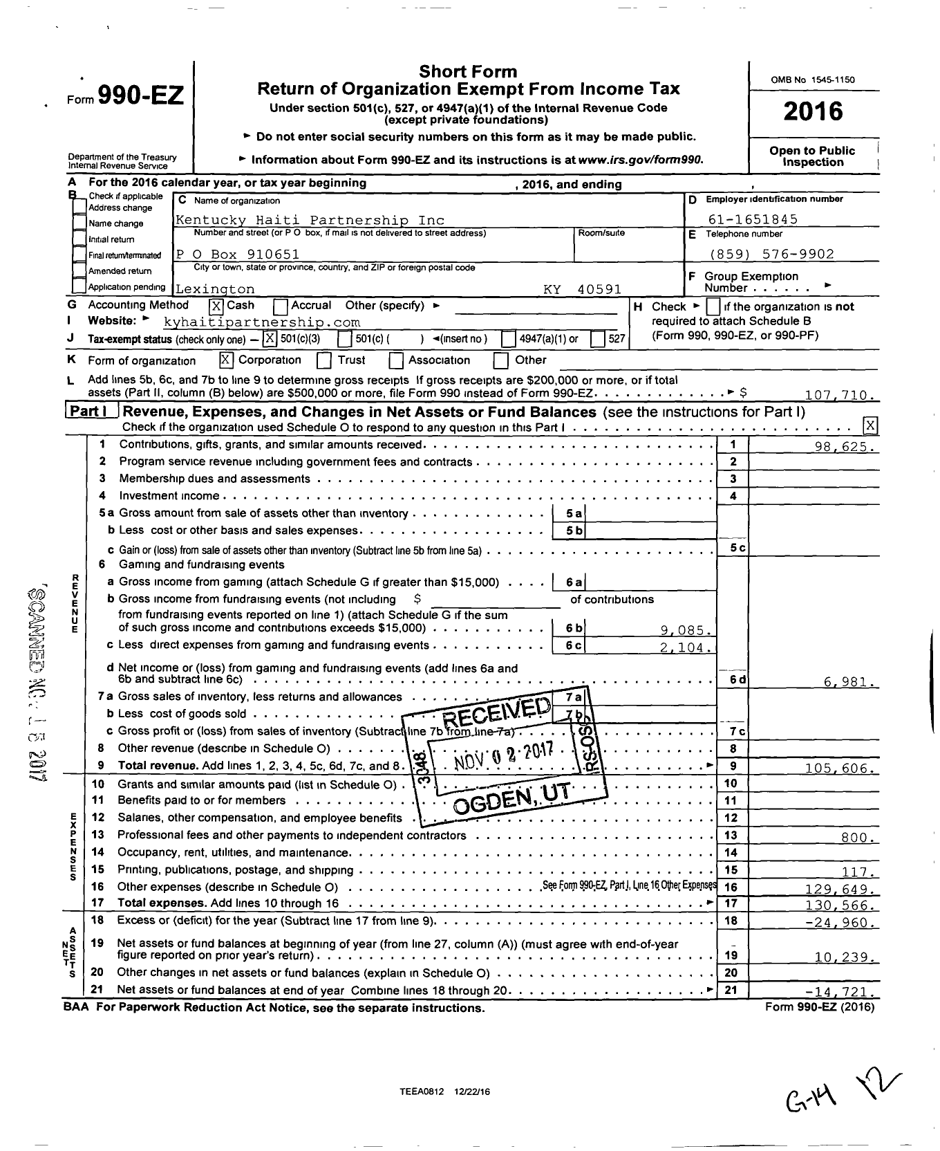 Image of first page of 2016 Form 990EZ for Kentucky Haiti Partnership
