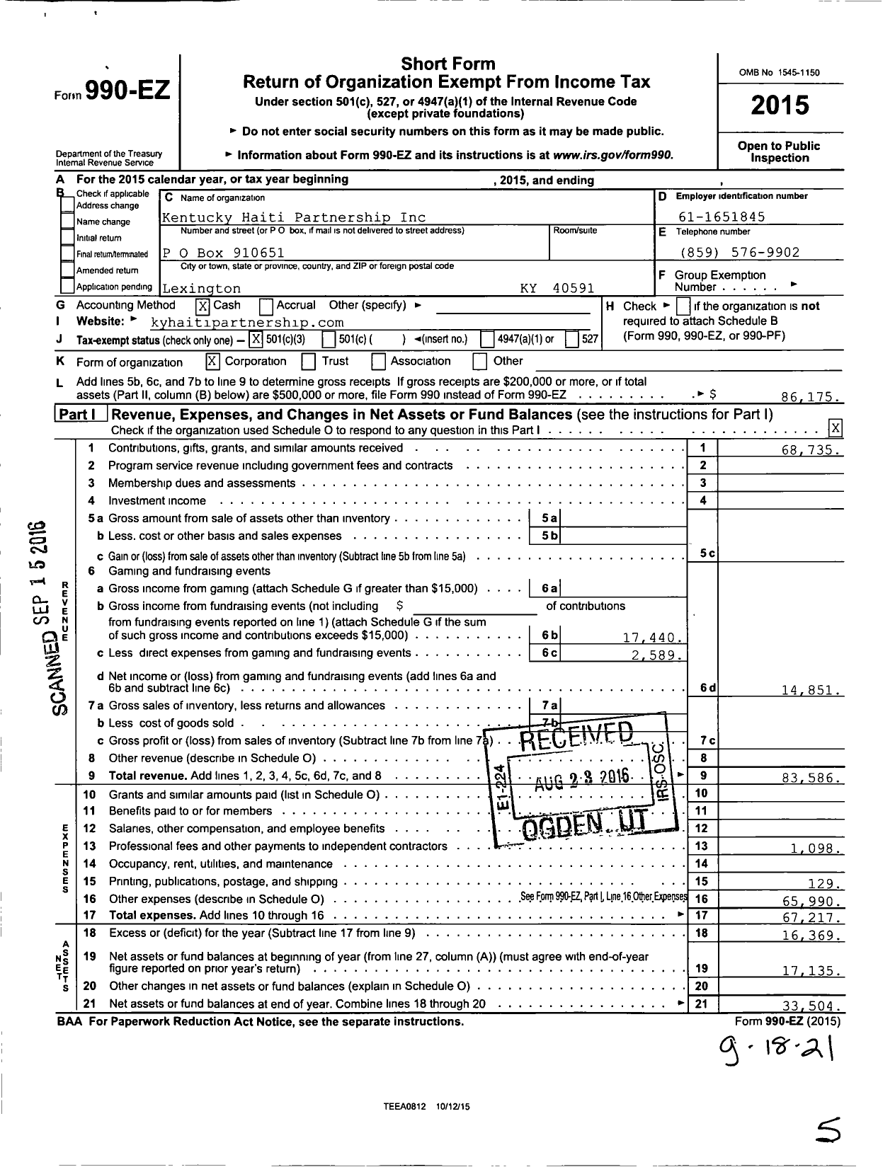 Image of first page of 2015 Form 990EZ for Kentucky Haiti Partnership