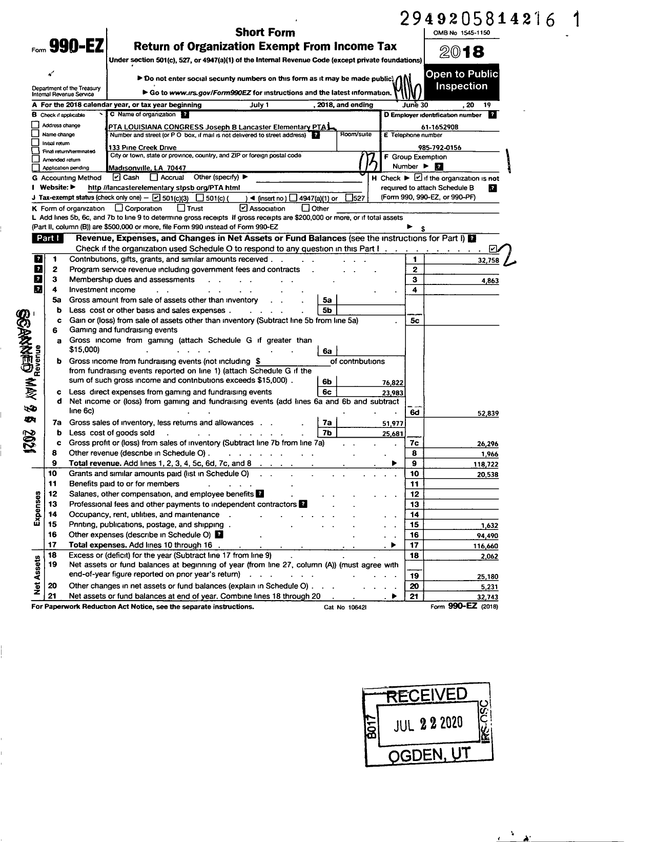 Image of first page of 2018 Form 990EZ for PTA Louisiana CONGRESS Joseph P Lan