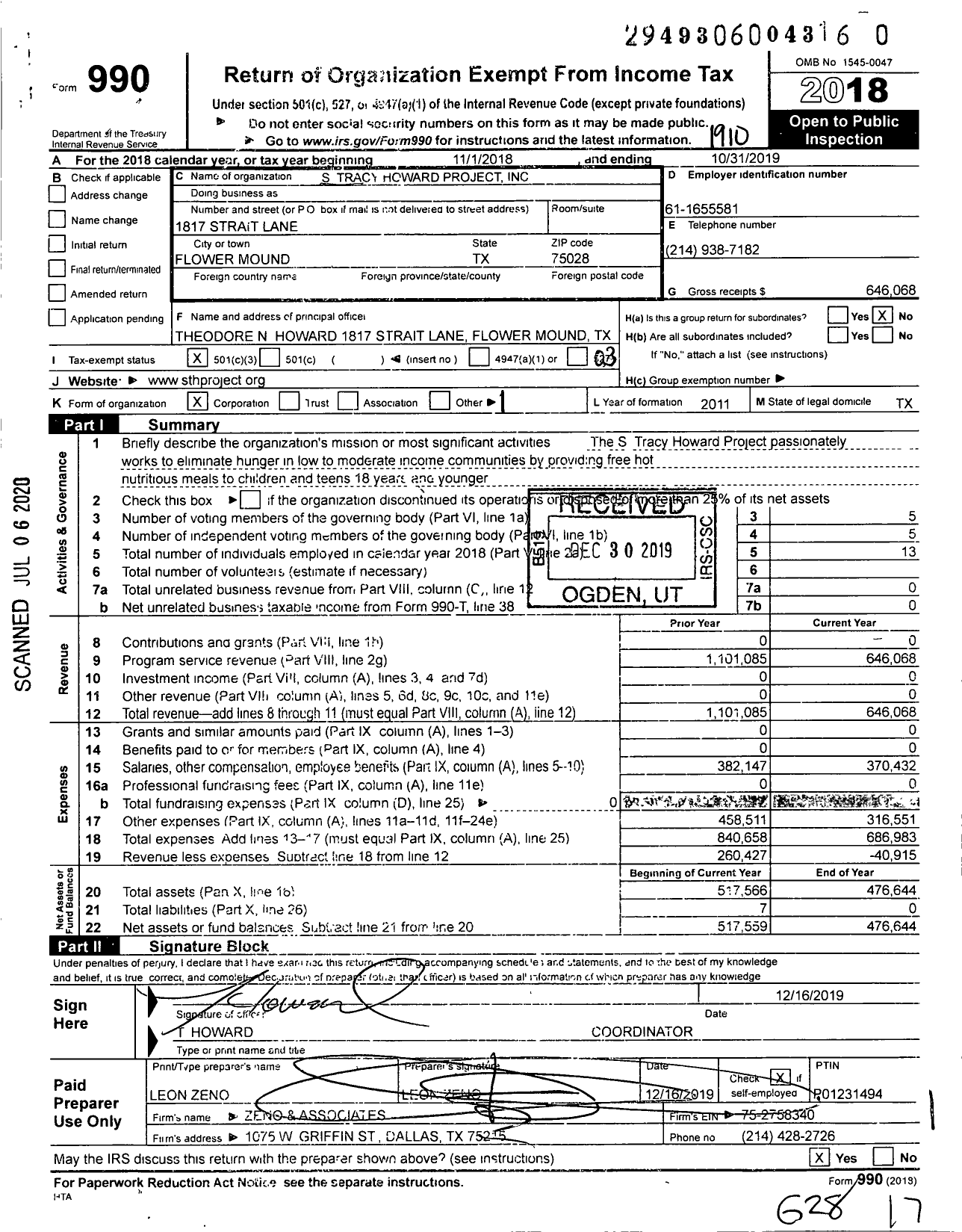 Image of first page of 2018 Form 990 for S Tracy Howard Project