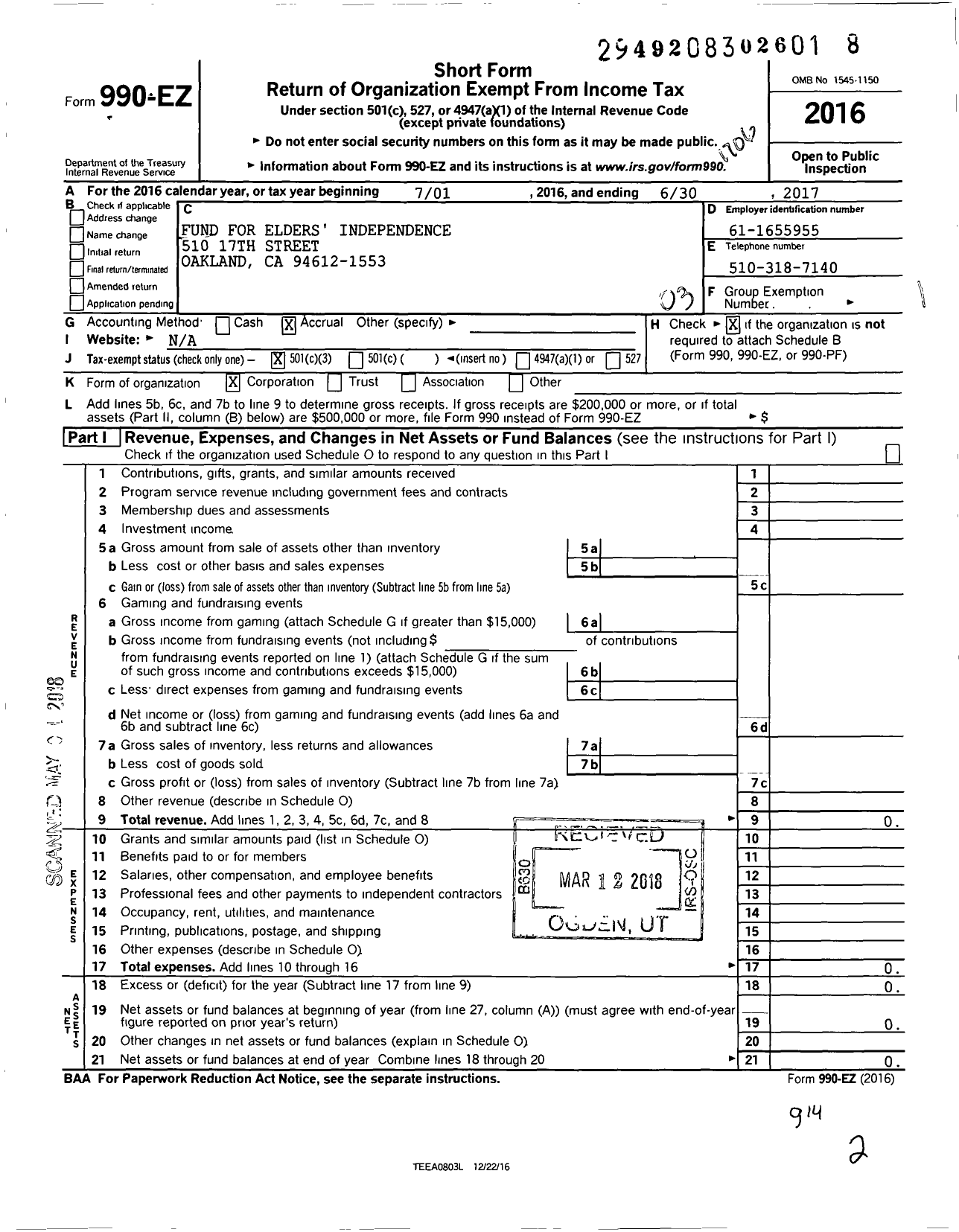 Image of first page of 2016 Form 990EZ for Cei Foundation