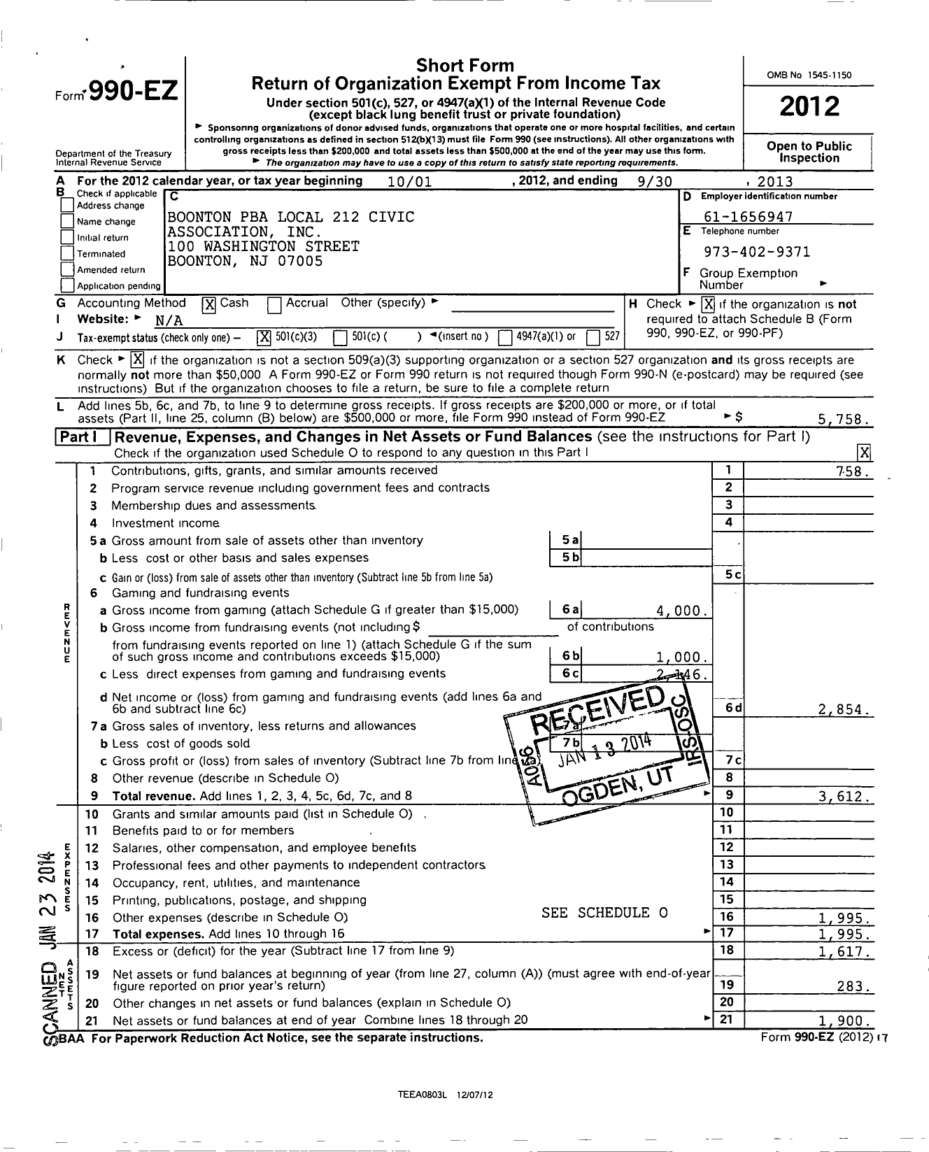 Image of first page of 2012 Form 990EZ for Boonton Pba Local 212 Civic Association