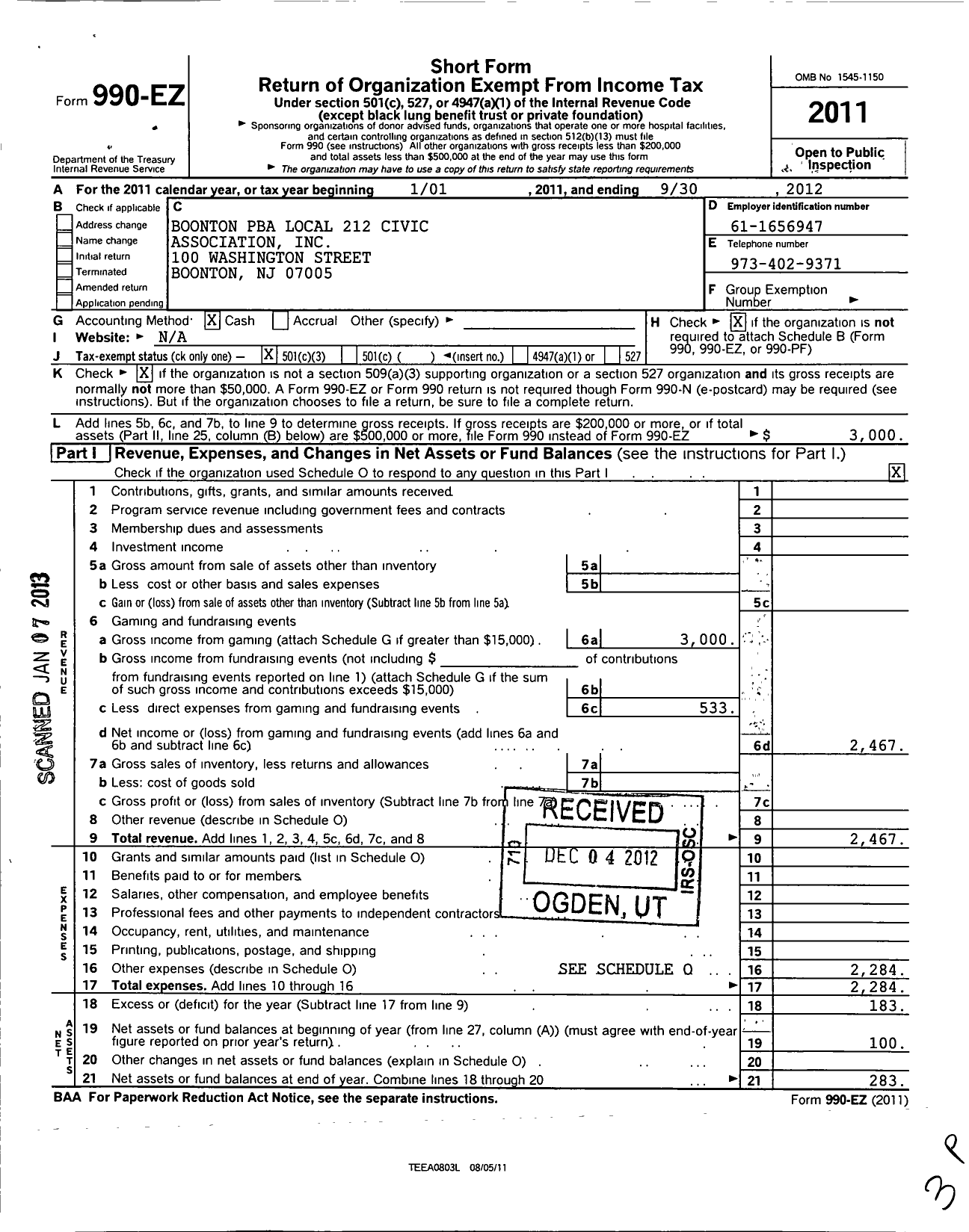 Image of first page of 2011 Form 990EZ for Boonton Pba Local 212 Civic Association