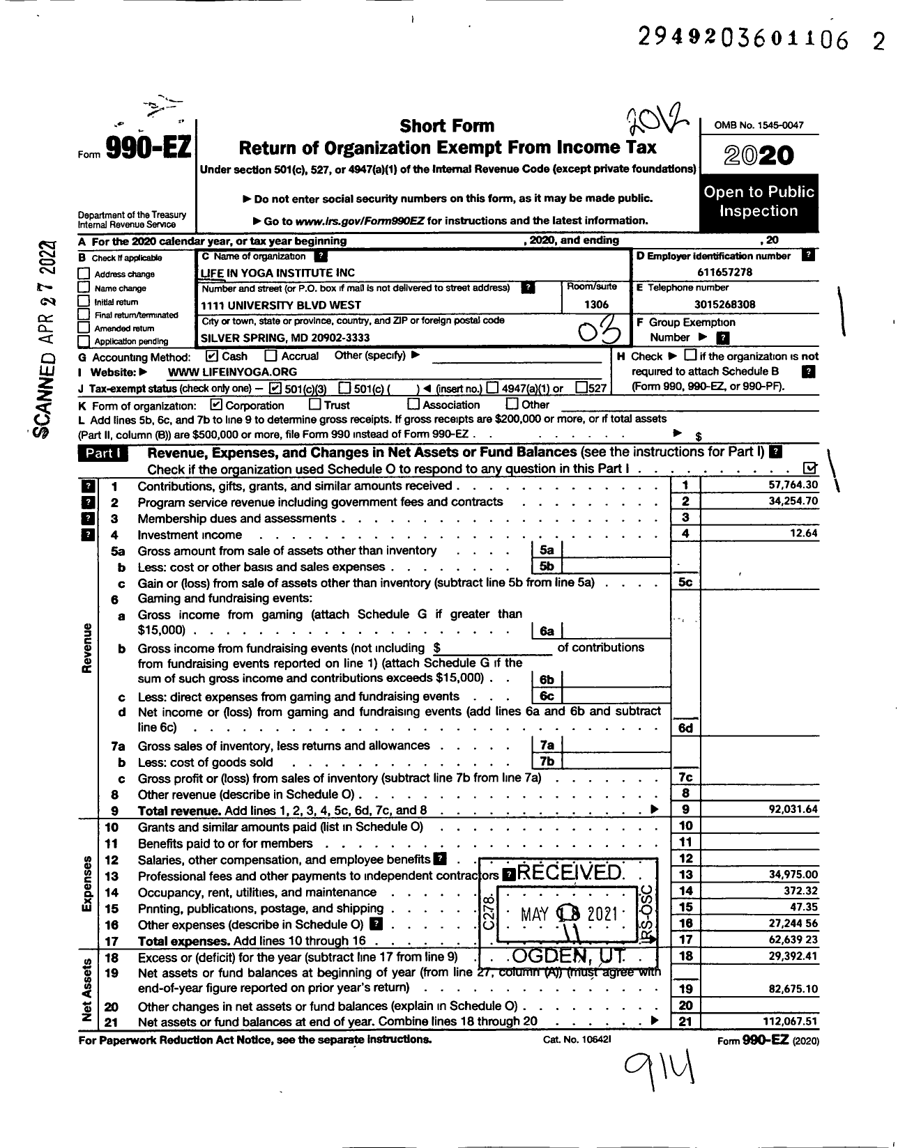 Image of first page of 2020 Form 990EZ for Life in Yoga Institute