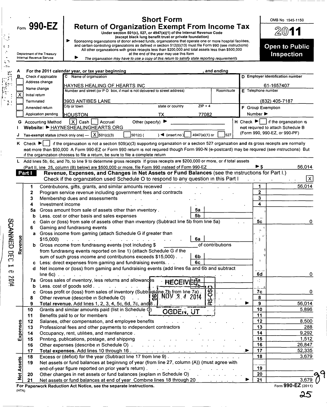 Image of first page of 2011 Form 990EZ for Haynes Healing of Hearts