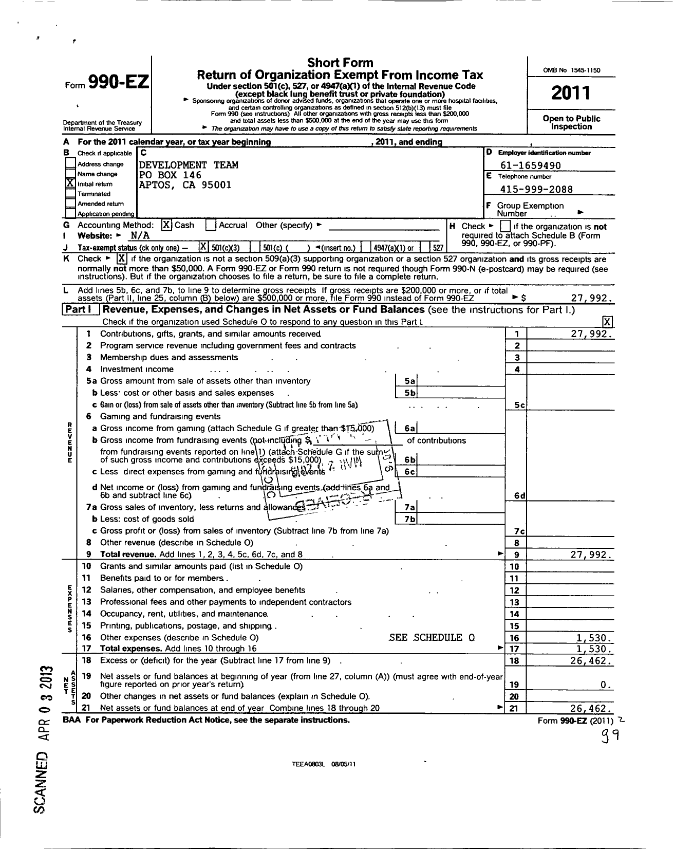 Image of first page of 2011 Form 990EZ for Development Team