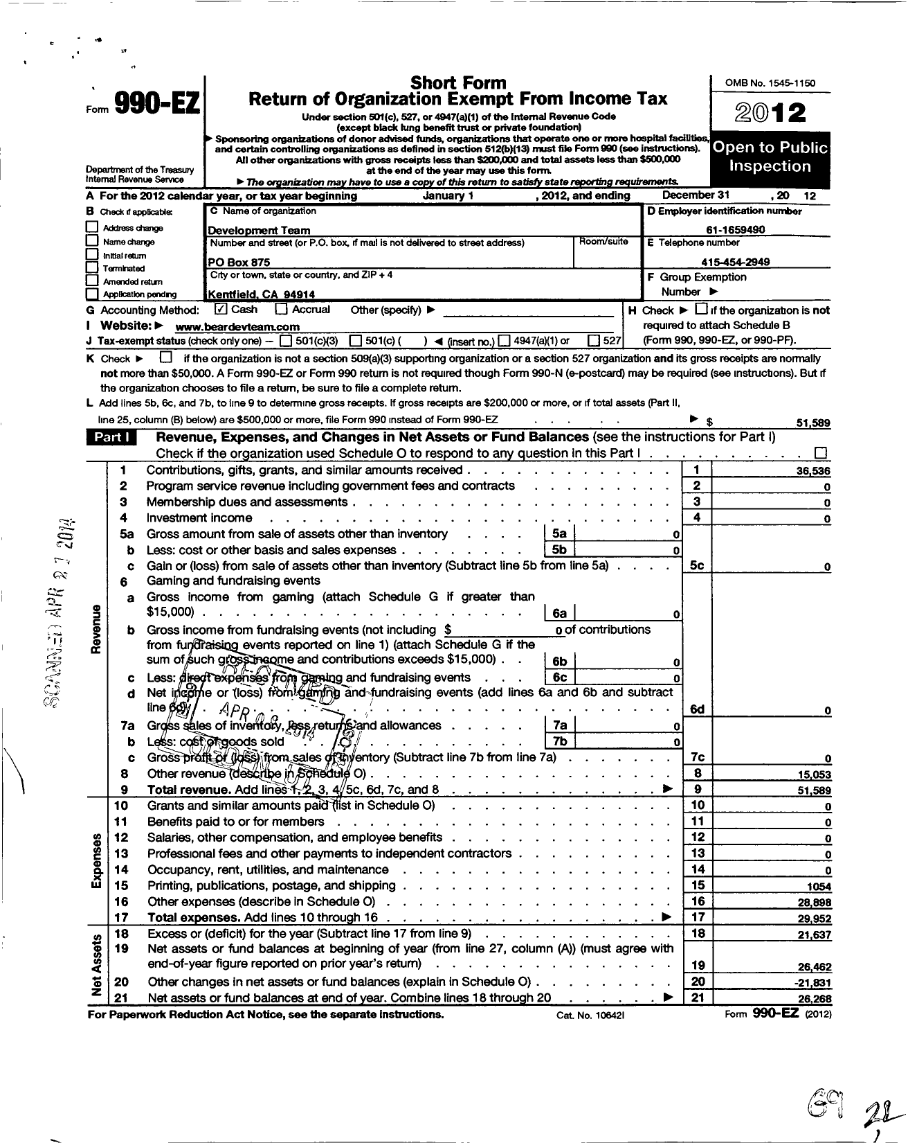 Image of first page of 2012 Form 990EO for Development Team