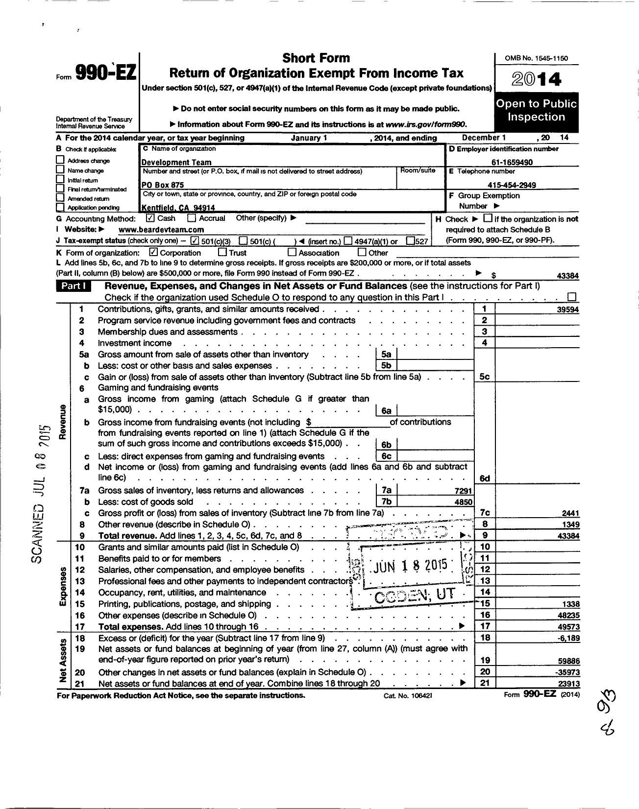 Image of first page of 2014 Form 990EZ for Development Team