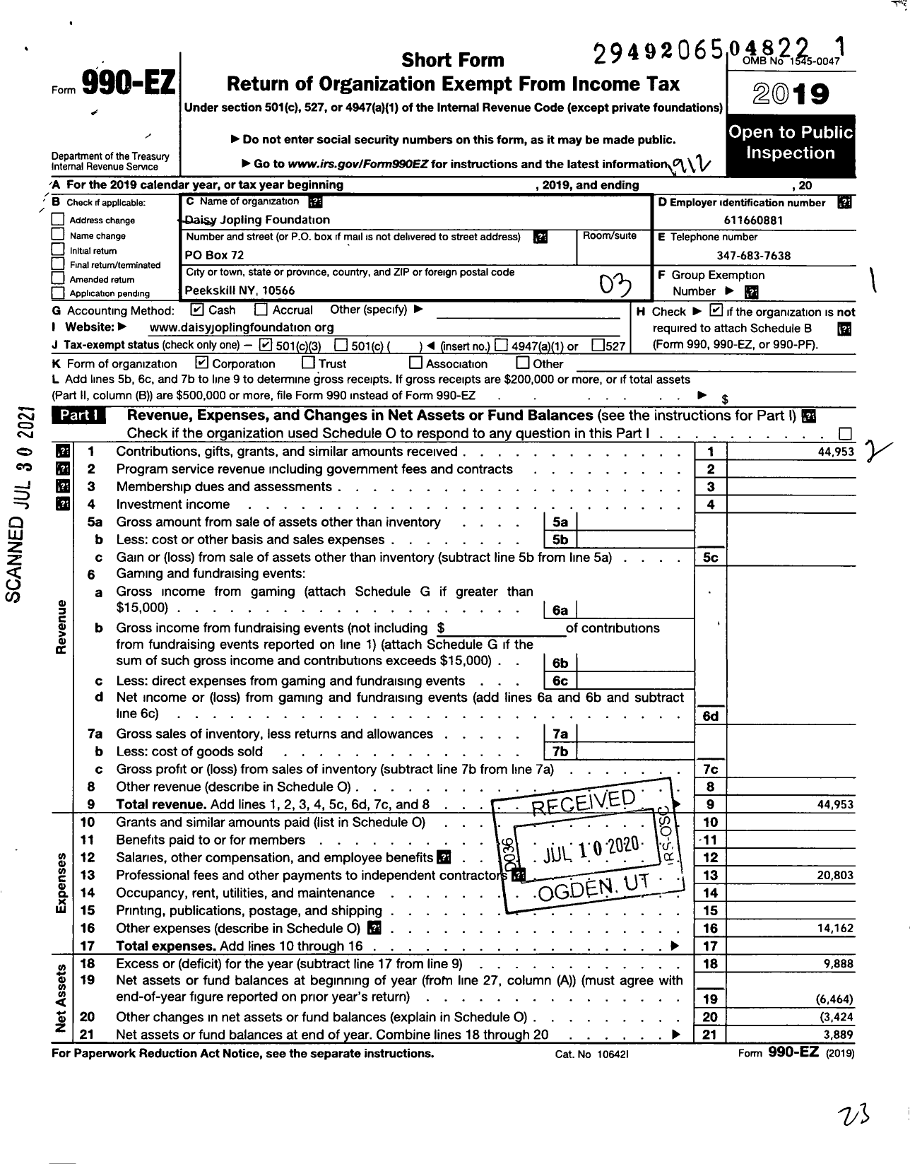 Image of first page of 2019 Form 990EZ for Daisy Jopling Foundation