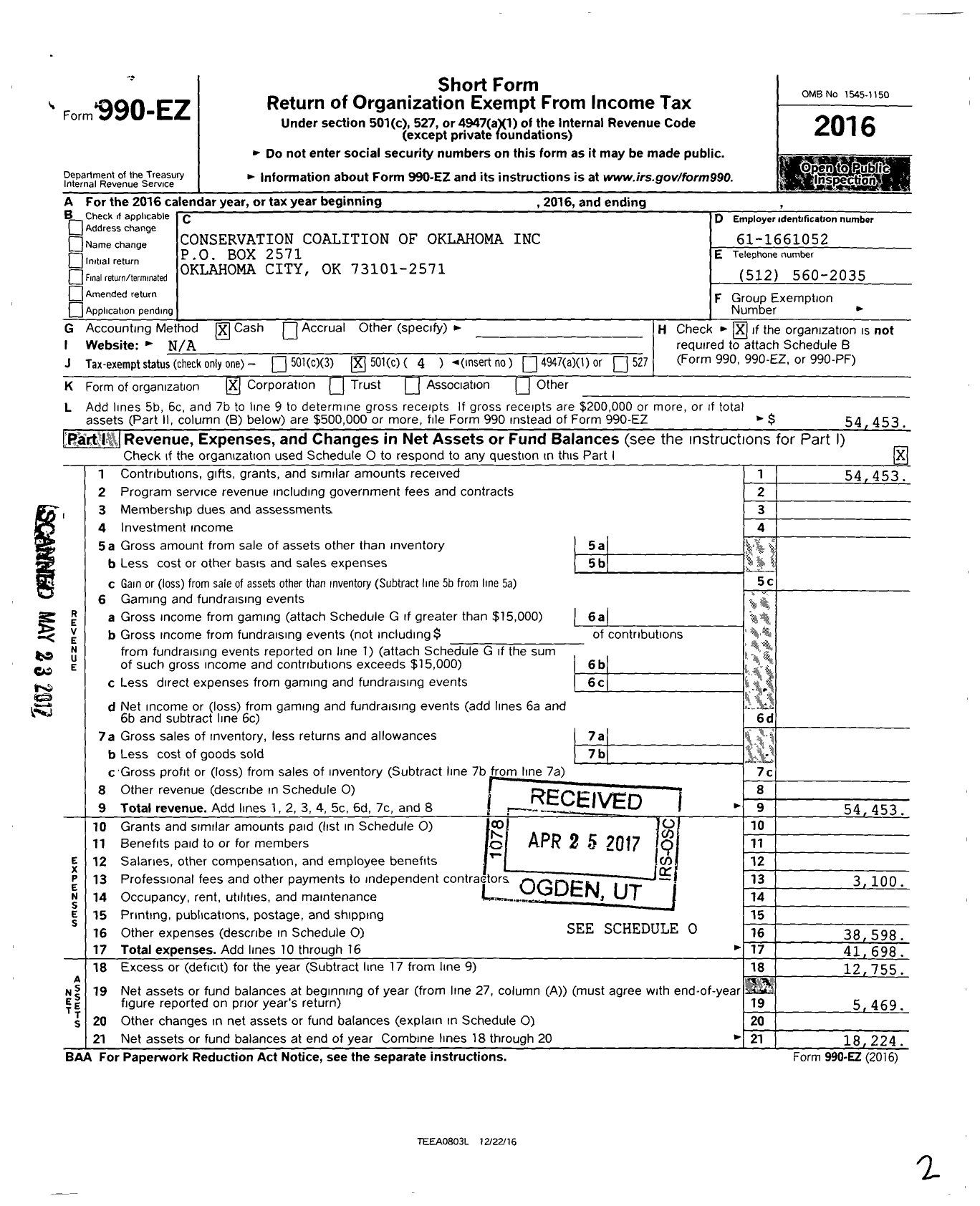 Image of first page of 2016 Form 990EO for Conservation Coalition of Oklahoma