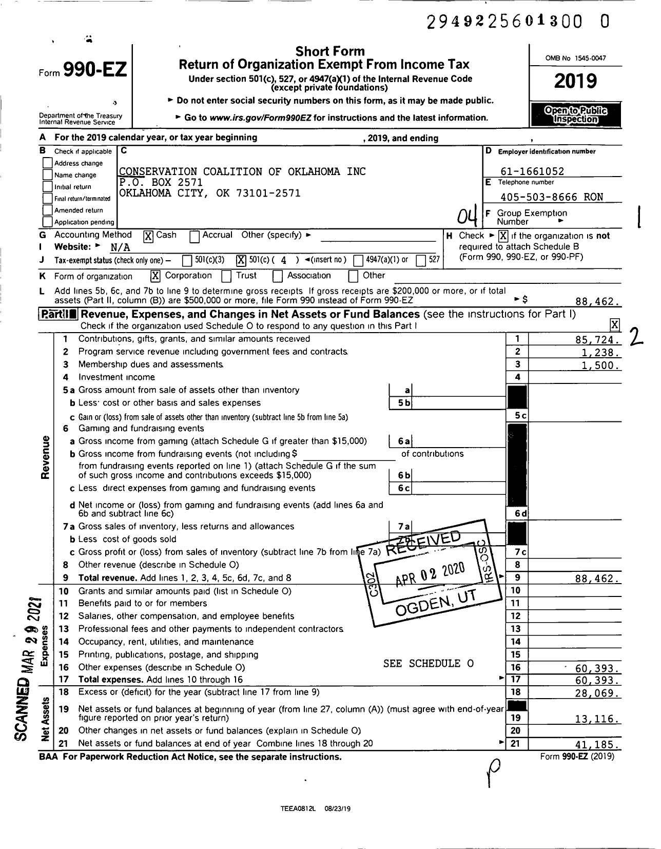 Image of first page of 2019 Form 990EO for Conservation Coalition of Oklahoma