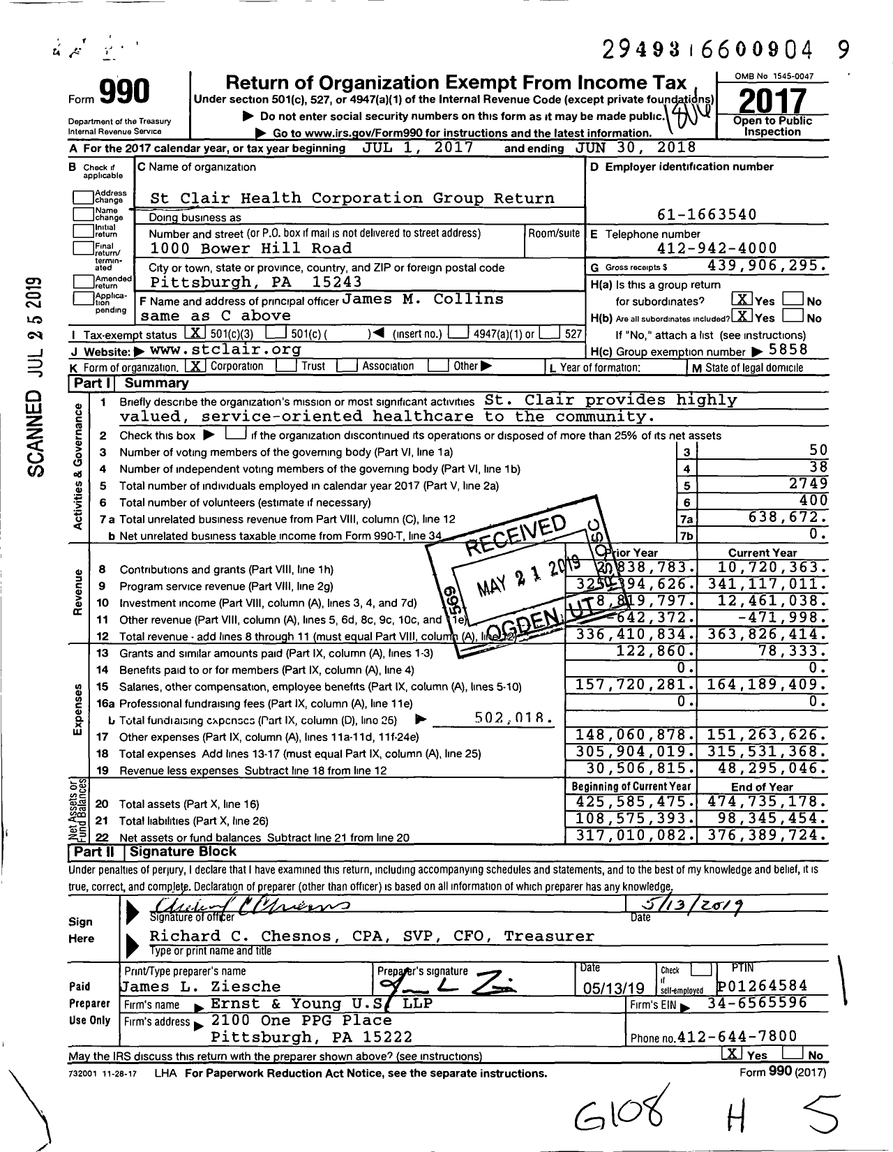 Image of first page of 2017 Form 990 for St Clair Health Corporation Group Return