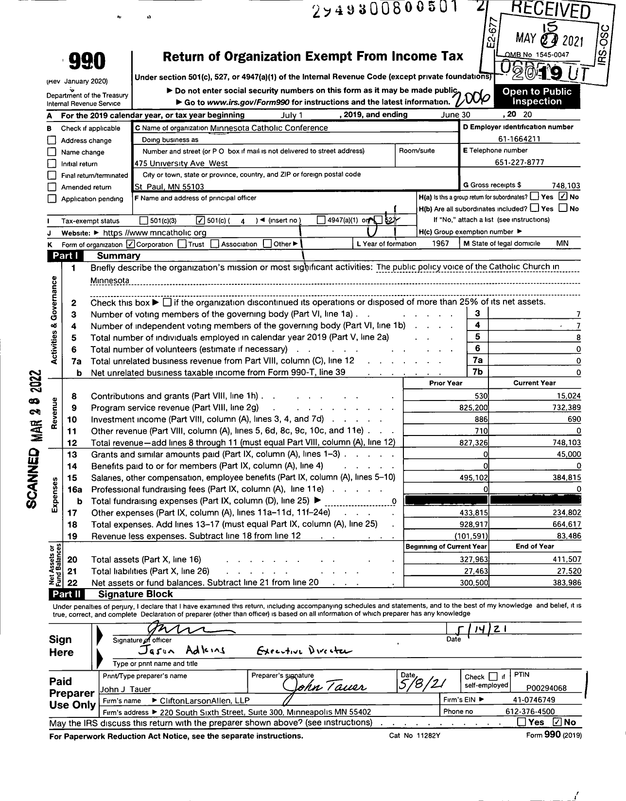 Image of first page of 2019 Form 990O for Minnesota Catholic Conference