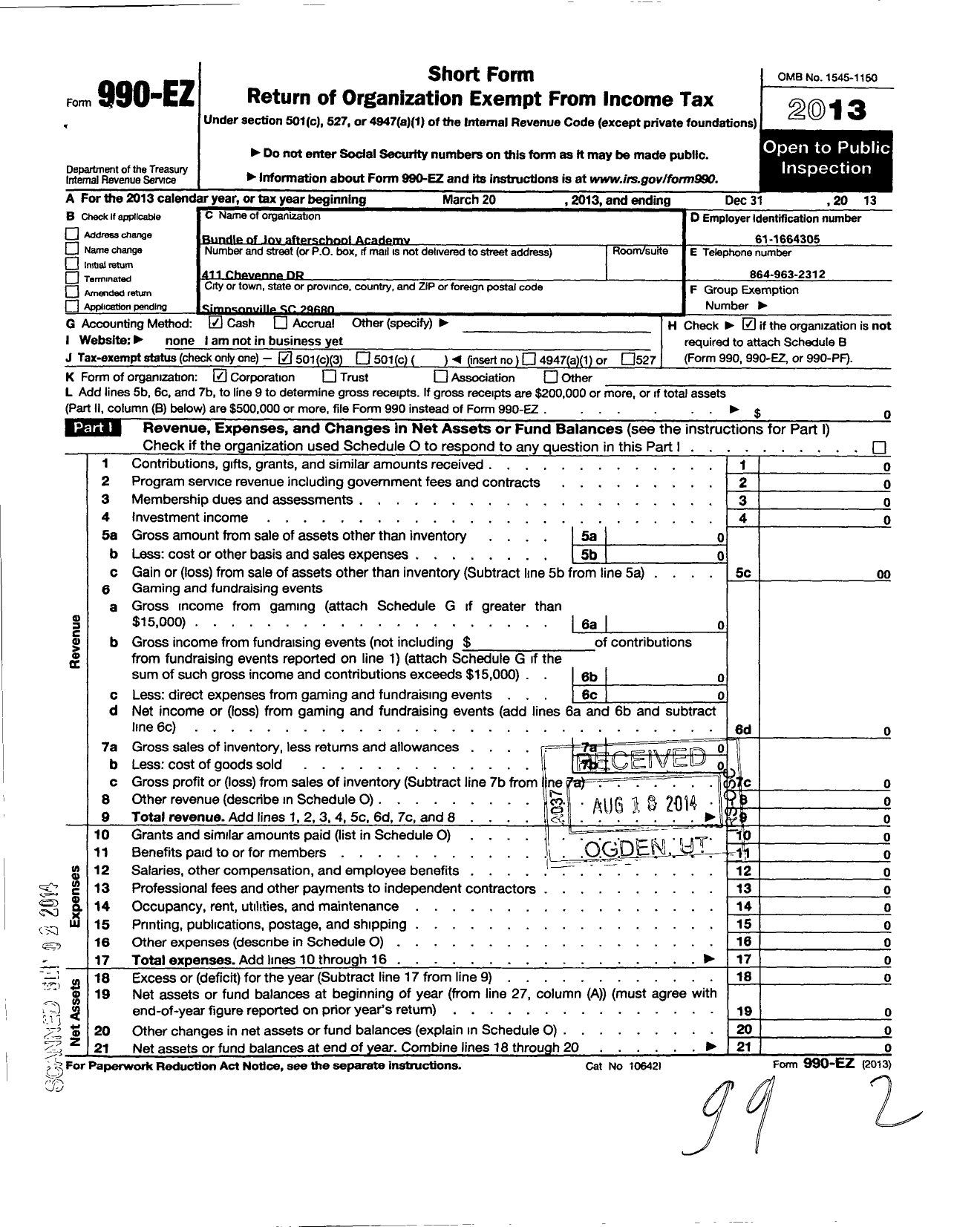 Image of first page of 2013 Form 990EZ for Bundle of Joy Afterschool Academy