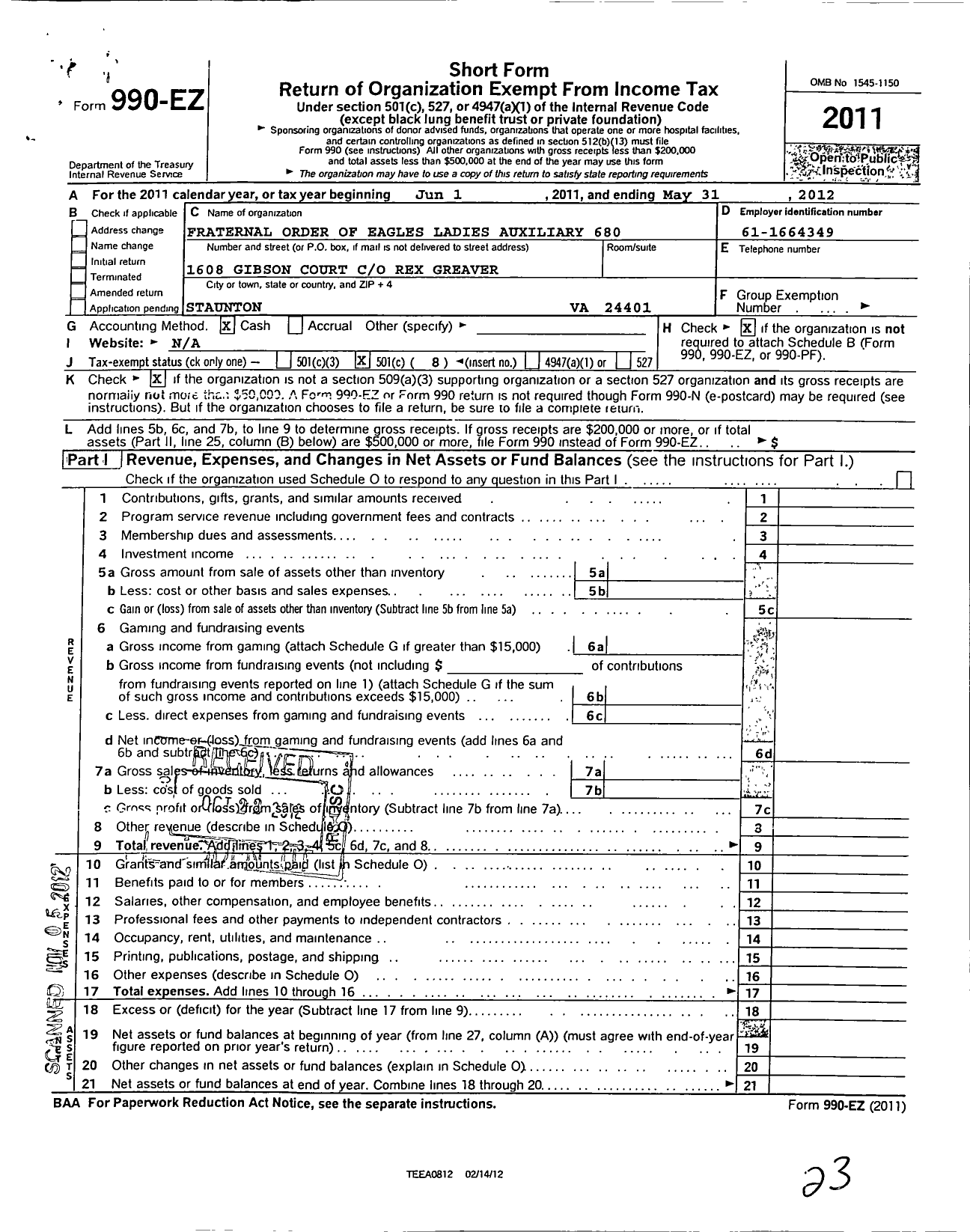 Image of first page of 2011 Form 990EO for Fraternal Order of Eagles - 680 Auxiliary
