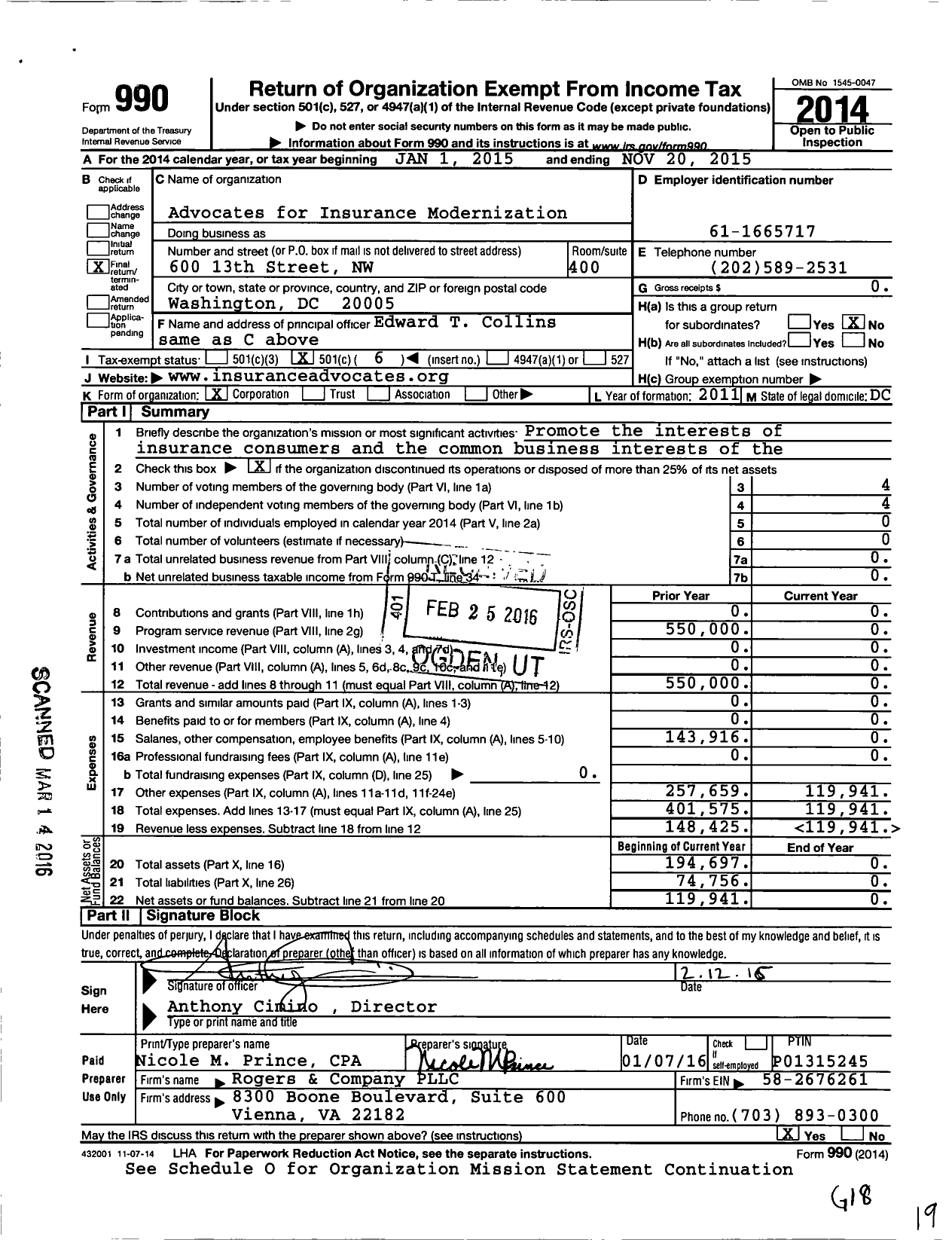 Image of first page of 2014 Form 990O for Advocates for Insurance Modernization